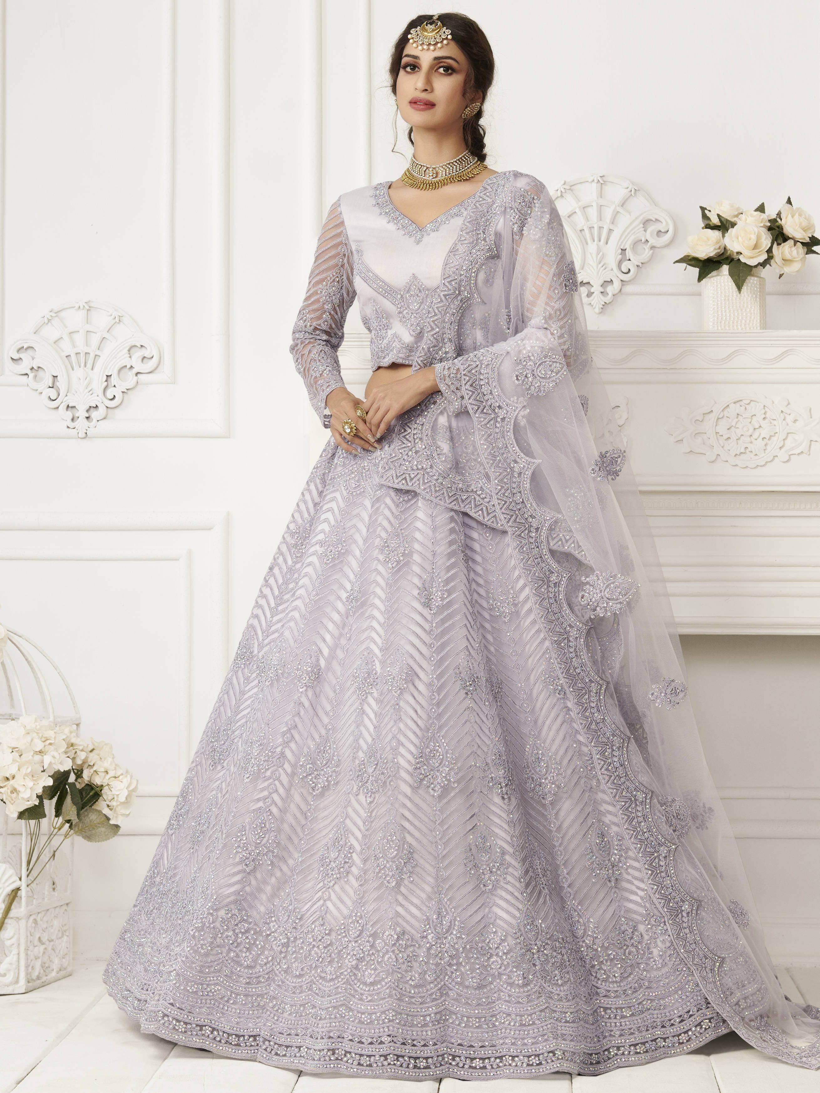 Lavender Light Heavy Thread Coding Work Net Bridal Lehenga Choli