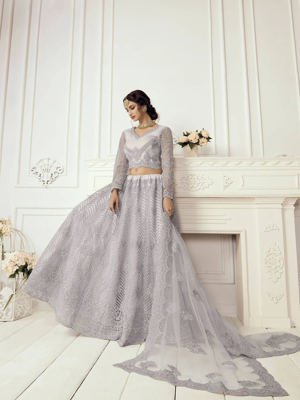 Lavender Light Heavy Thread Coding Work Net Bridal Lehenga Choli