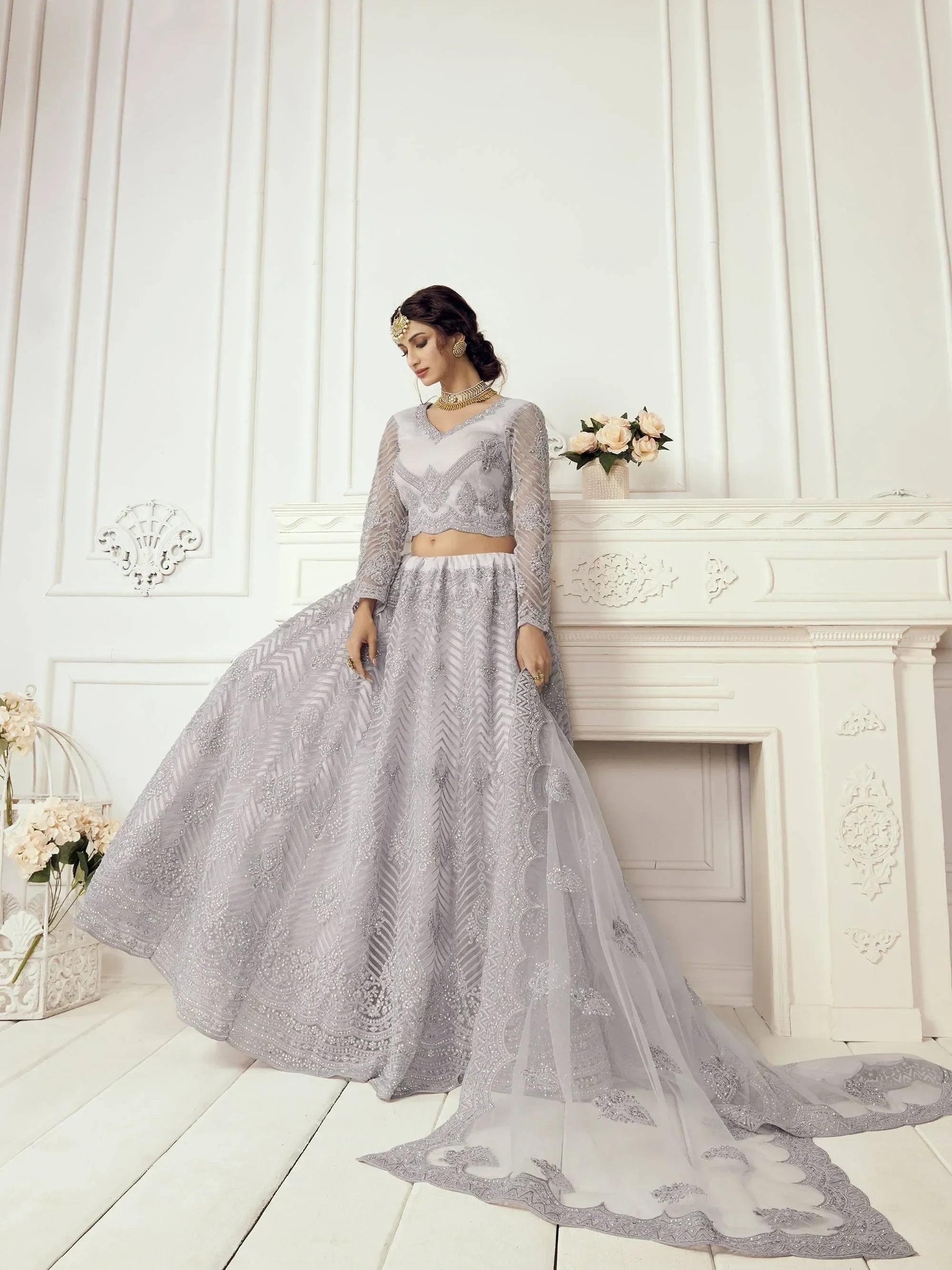 Lavender Light Heavy Thread Coding Work Net Bridal Lehenga Choli