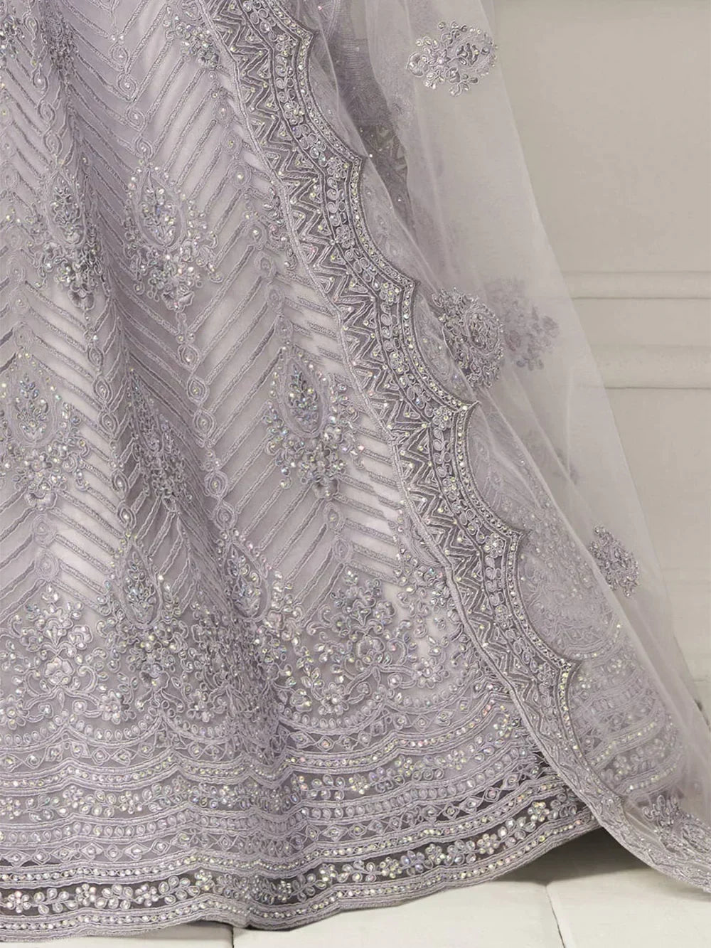 Lavender Light Heavy Thread Coding Work Net Bridal Lehenga Choli