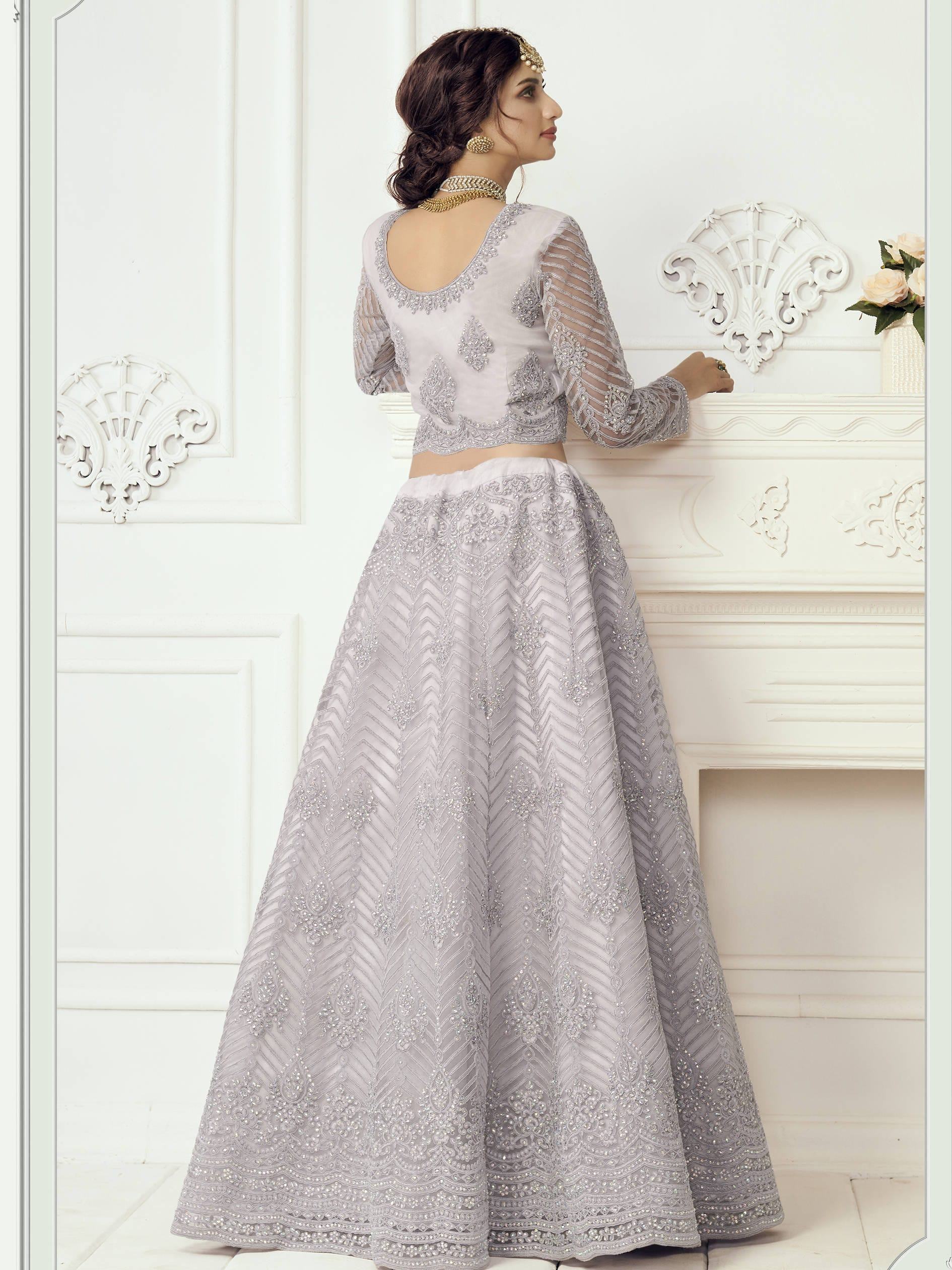 Lavender Light Heavy Thread Coding Work Net Bridal Lehenga Choli