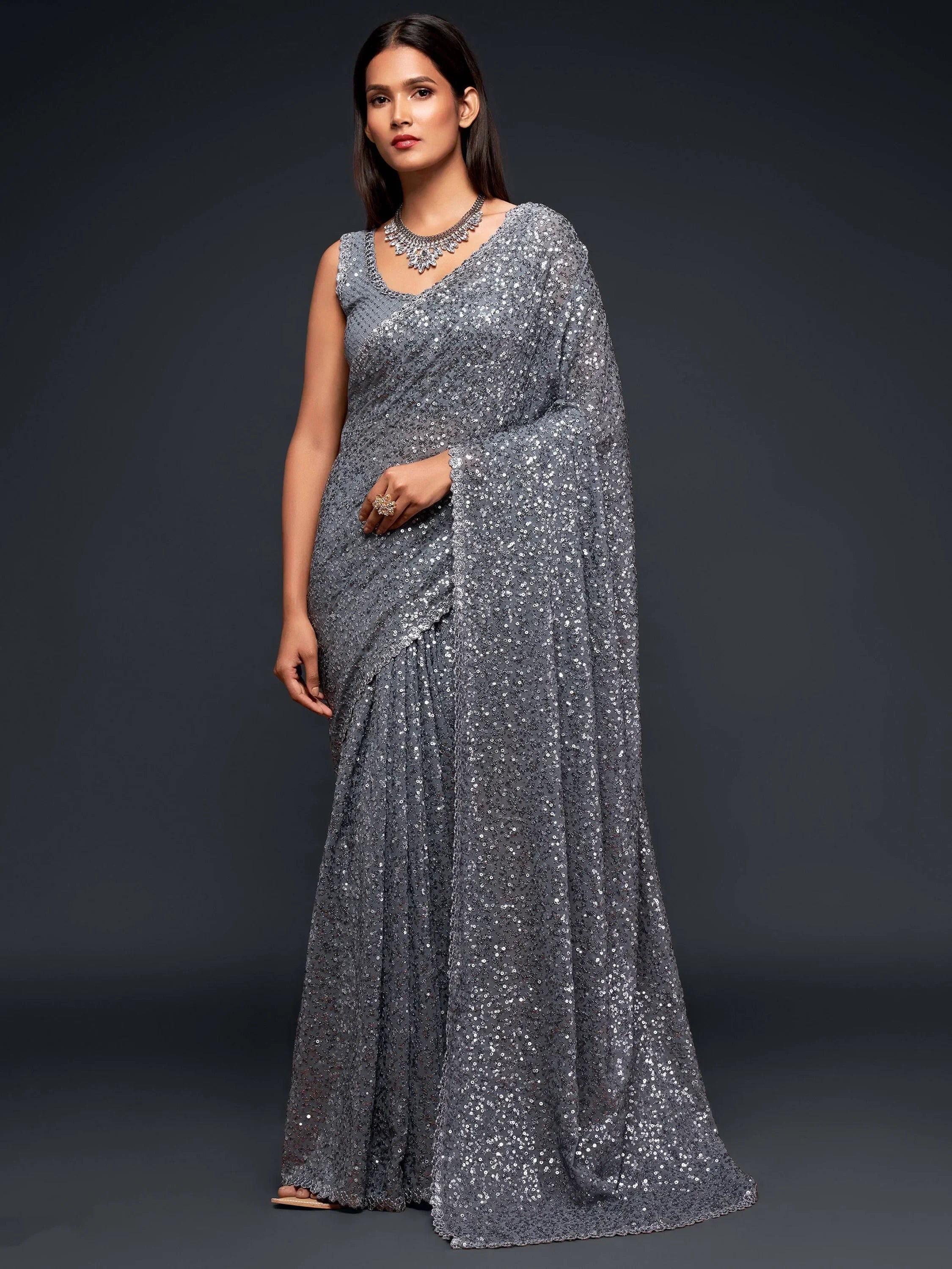 Grey Mehendi Sequins Party Wear Saree With Blouse