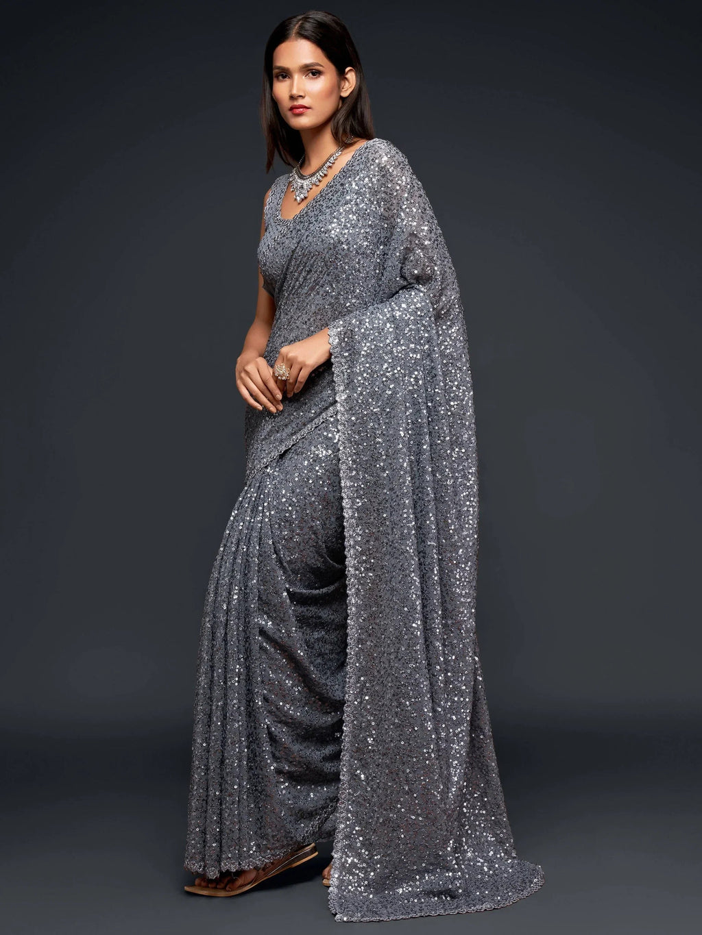 Grey Mehendi Sequins Party Wear Saree With Blouse