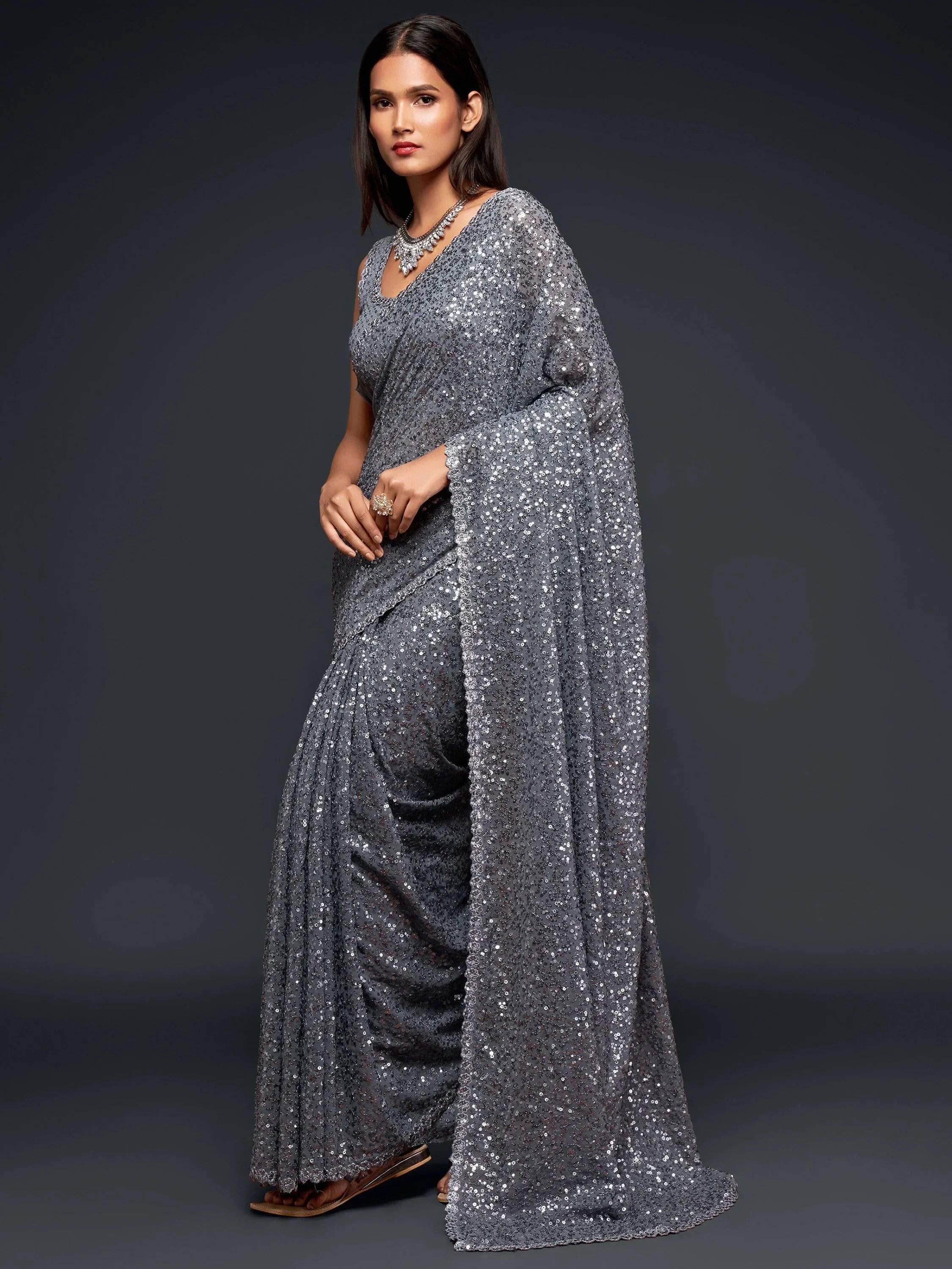 Grey Mehendi Sequins Party Wear Saree With Blouse