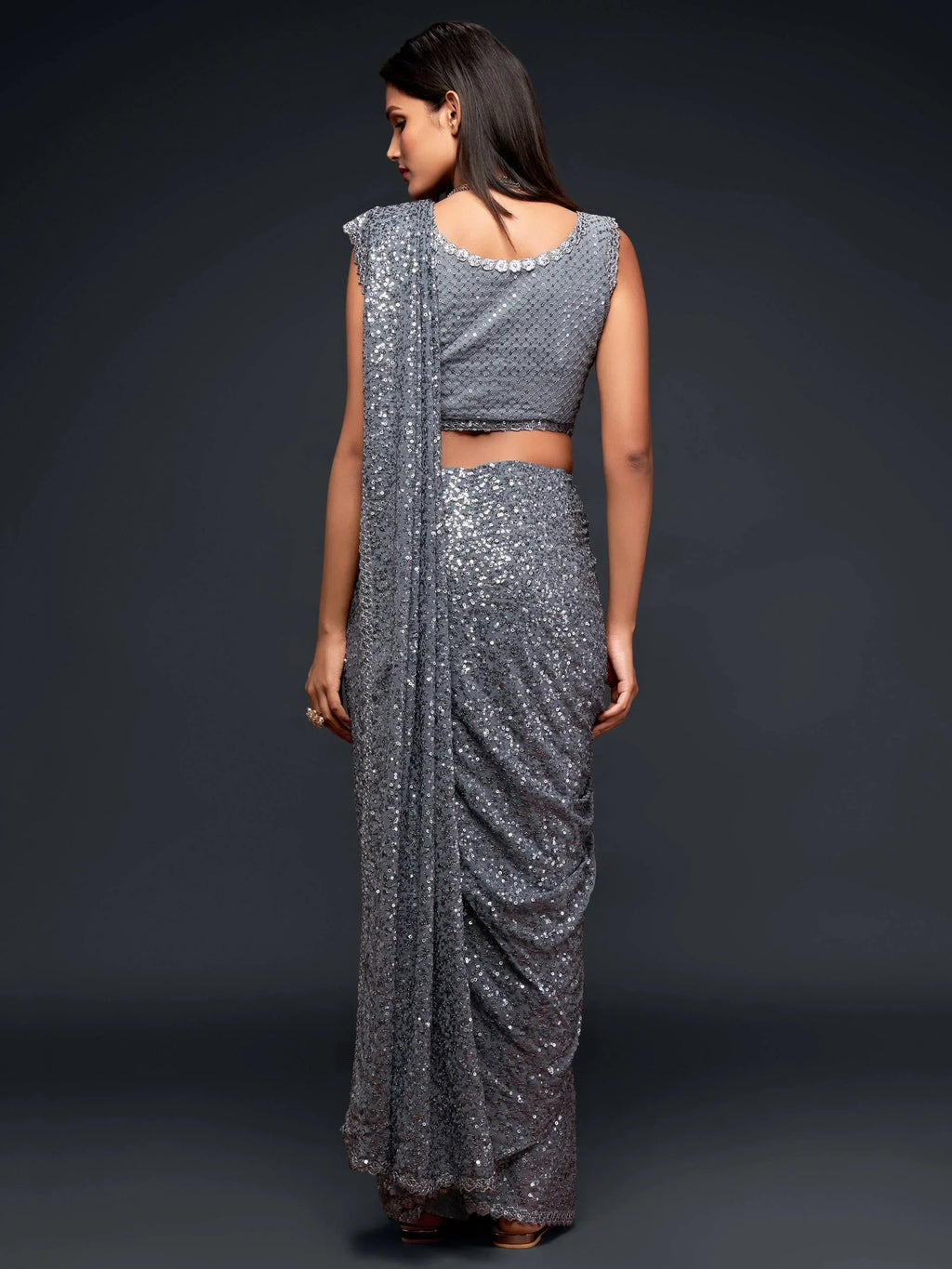 Grey Fully Sequined Georgette Party Wear Saree
