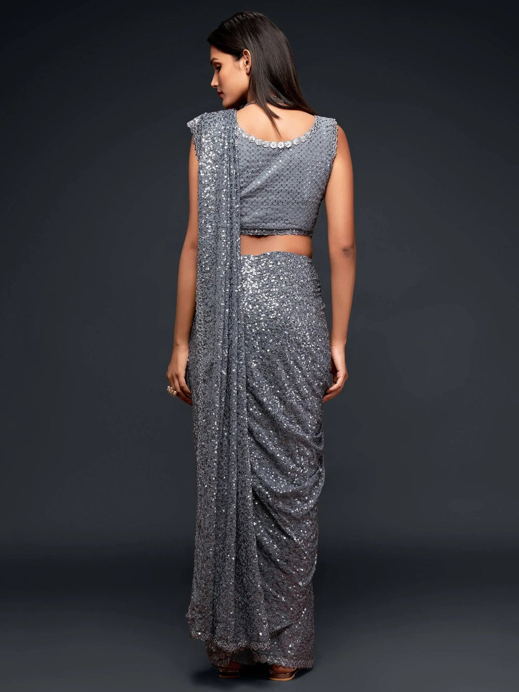 Grey Mehendi Sequins Party Wear Saree With Blouse