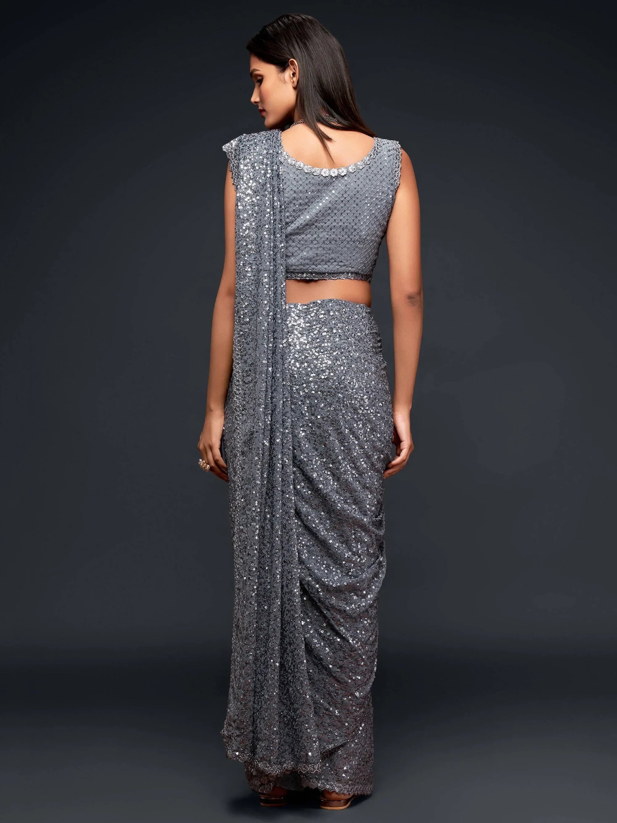 Grey Mehendi Sequins Party Wear Saree With Blouse