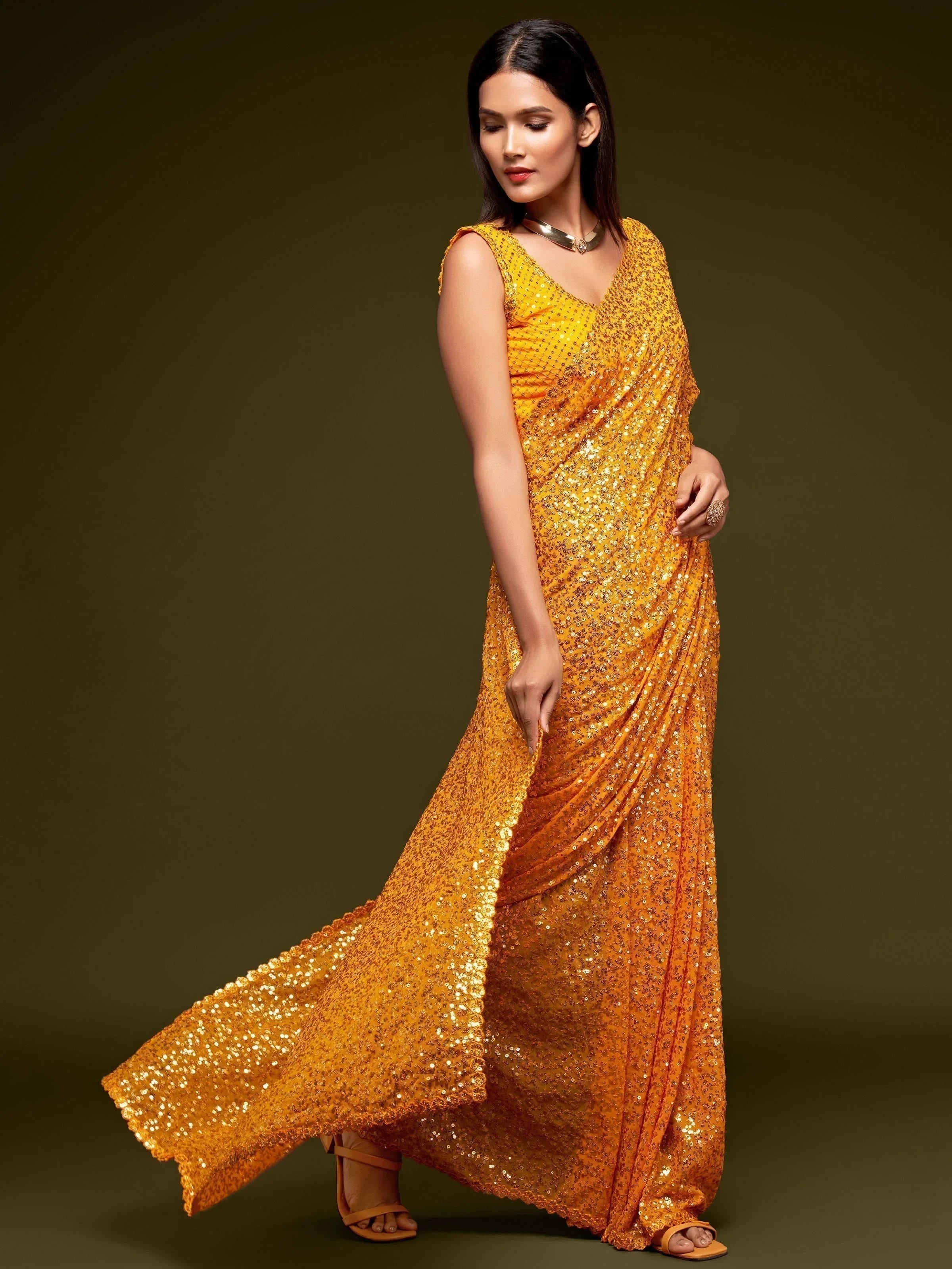 Yellow Fully Sequined Georgette Party Wear Saree