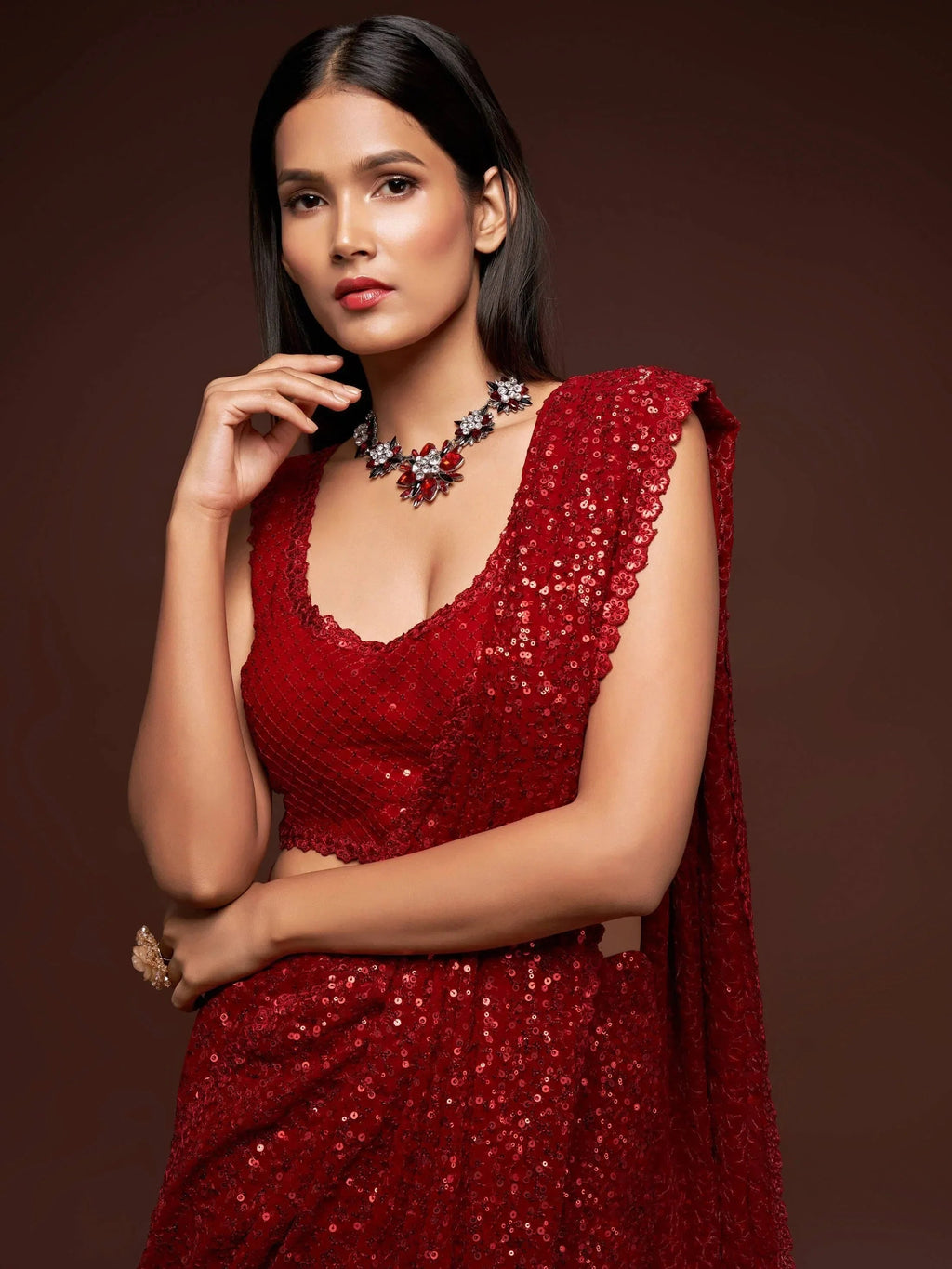 Ruby Red Fully Sequined Georgette Party Wear Saree