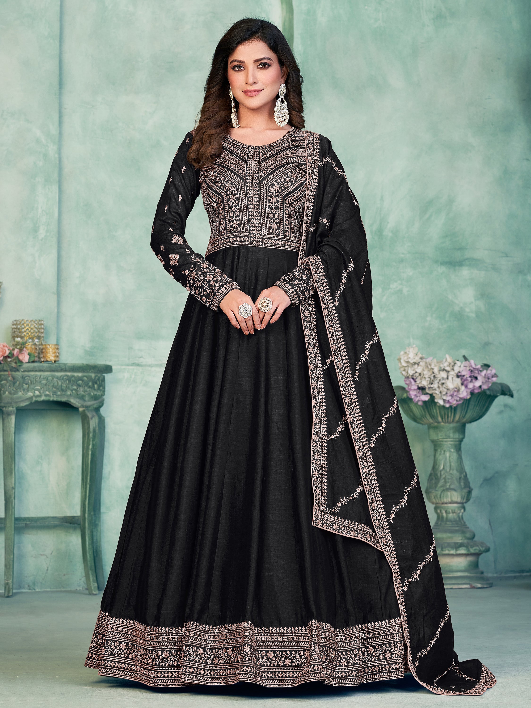 Black Silk Gown with Thread Work for Weddings and Receptions