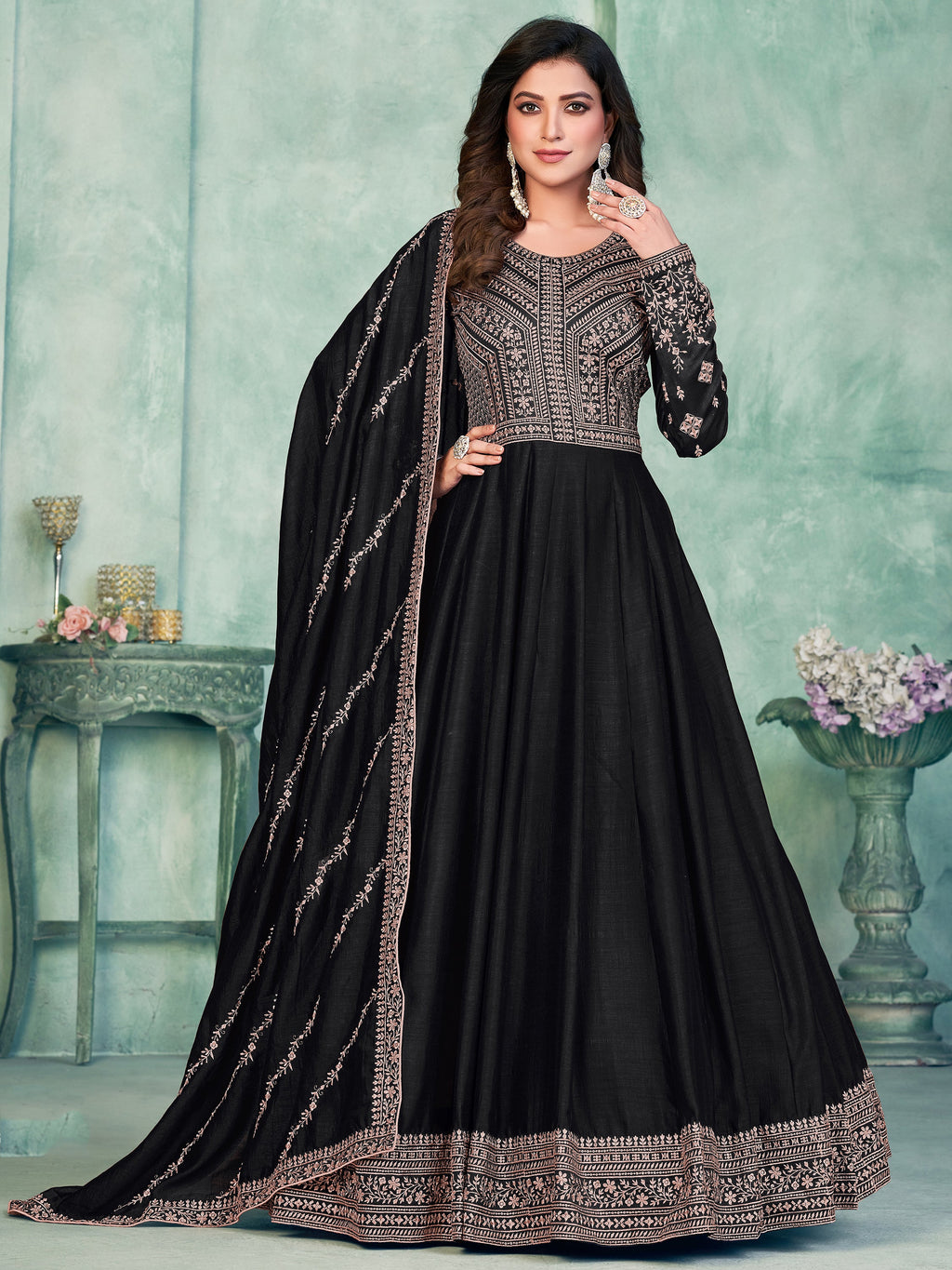 Black Silk Gown with Thread Work for Weddings and Receptions