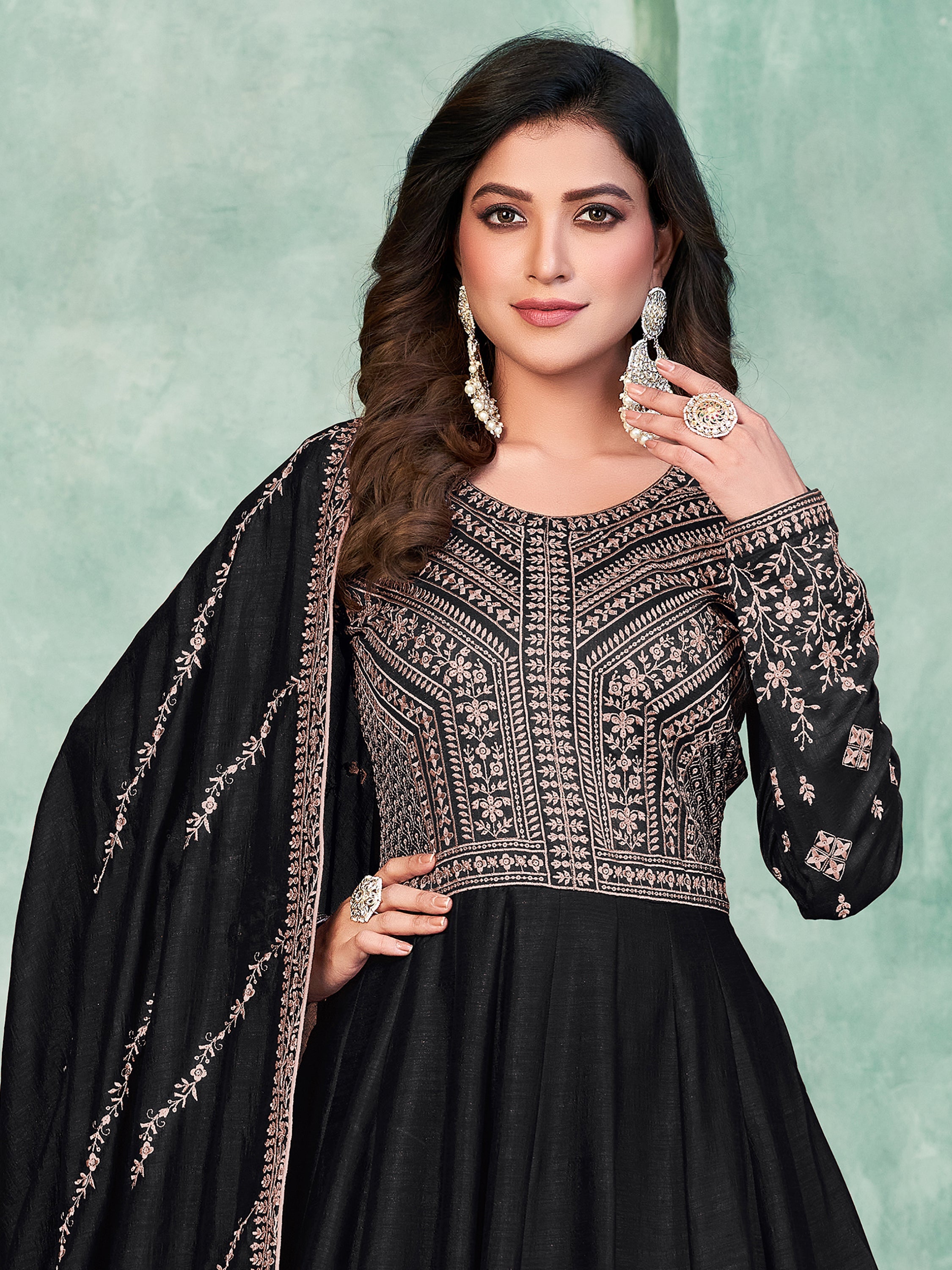 Black Silk Gown with Thread Work for Weddings and Receptions