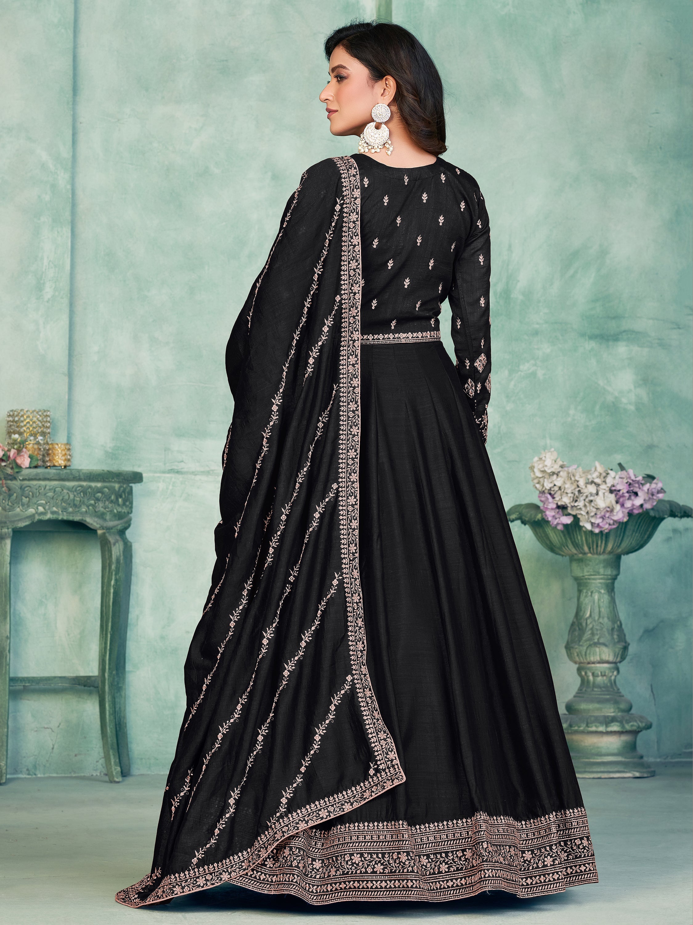 Black Silk Gown with Thread Work for Weddings and Receptions