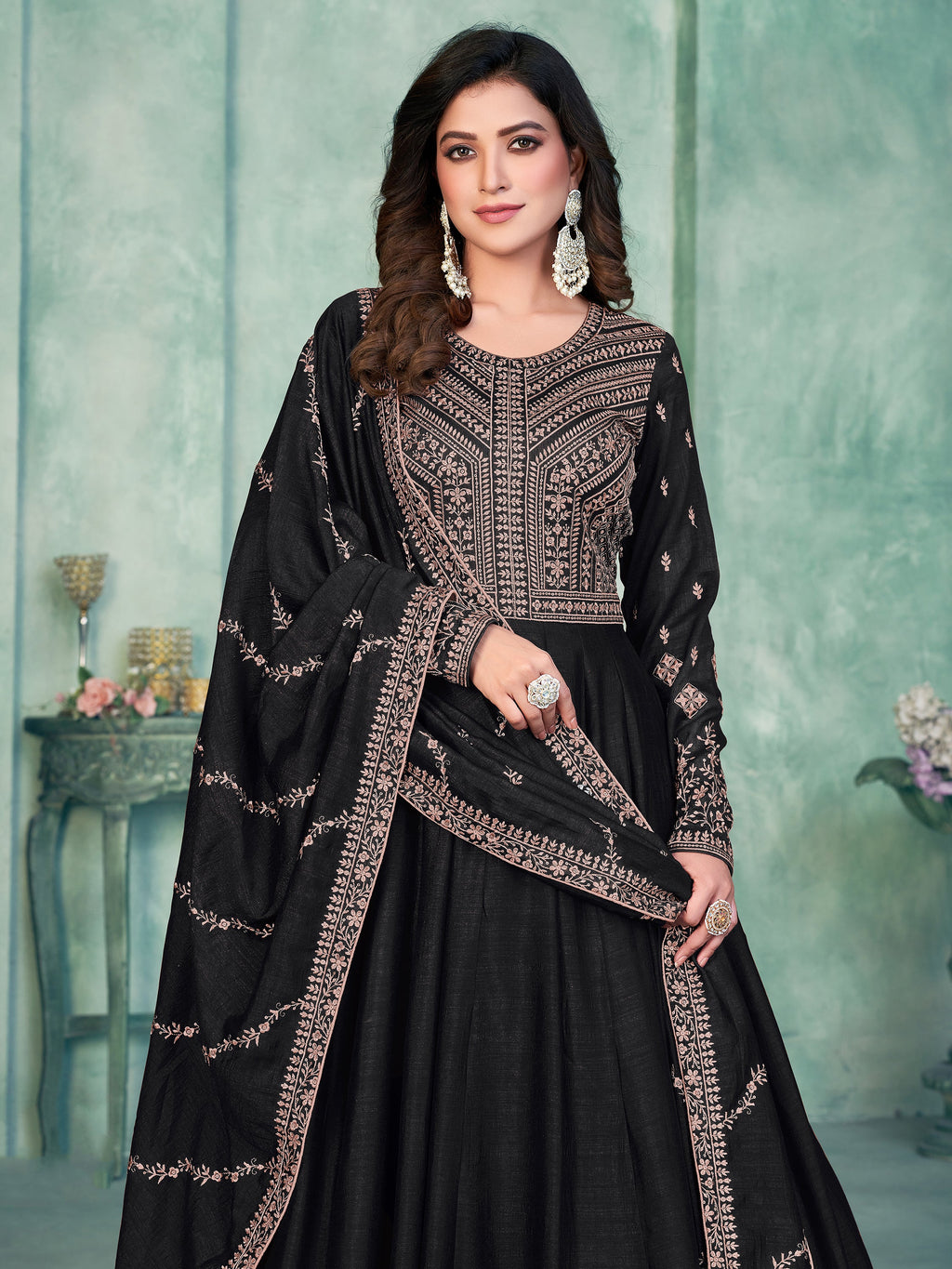 Black Silk Gown with Thread Work for Weddings and Receptions