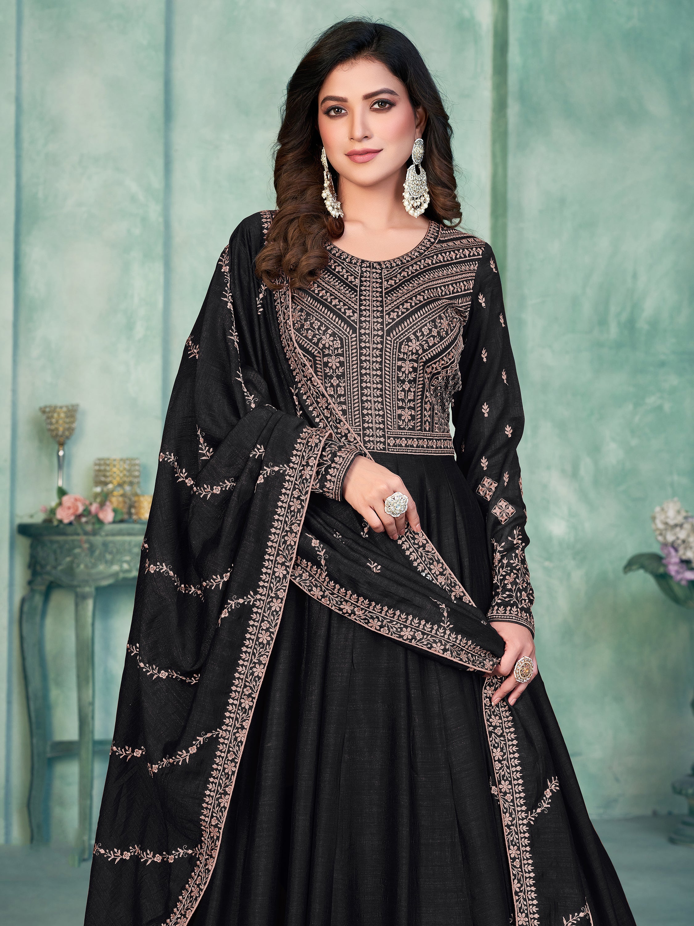 Black Silk Gown with Thread Work for Weddings and Receptions