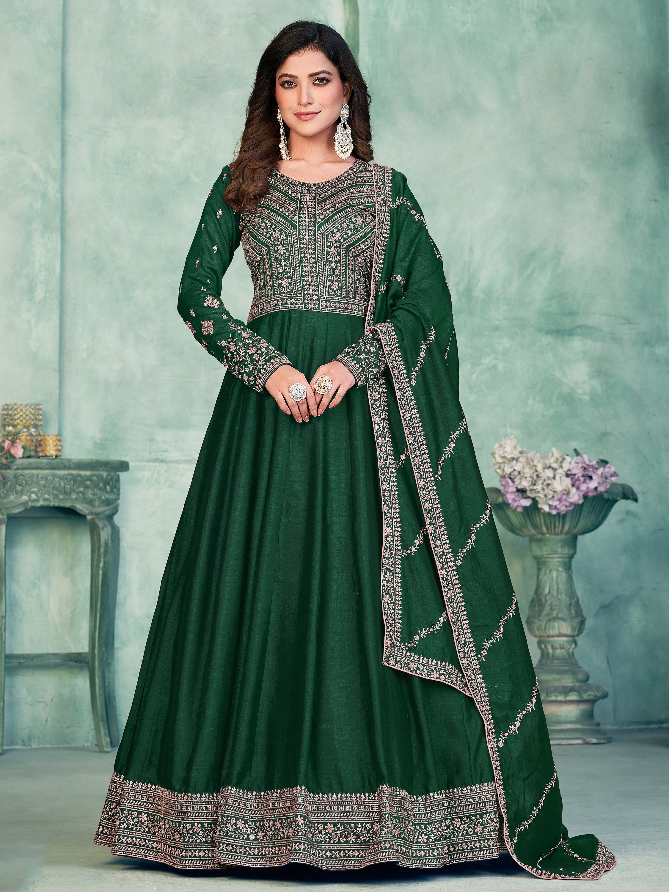 Green Silk Gown with Thread Work for Weddings and Receptions