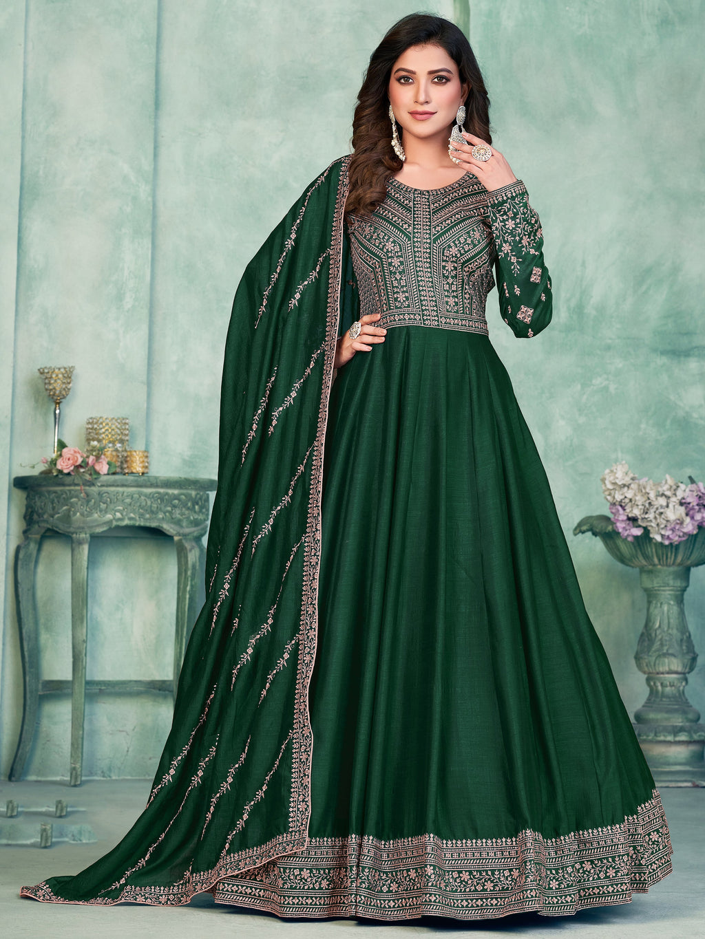 Green Silk Gown with Thread Work for Weddings and Receptions