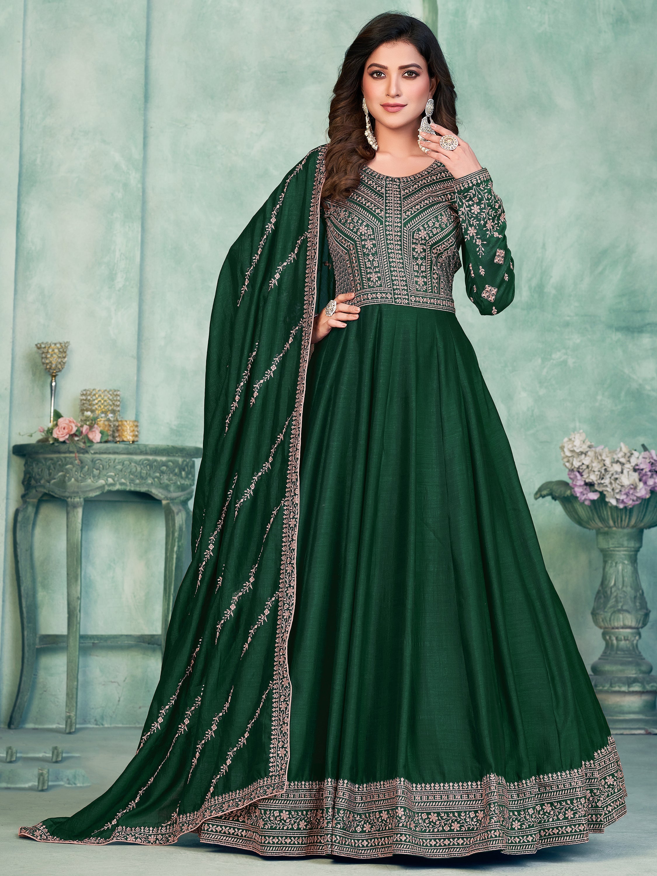Green Silk Gown with Thread Work for Weddings and Receptions
