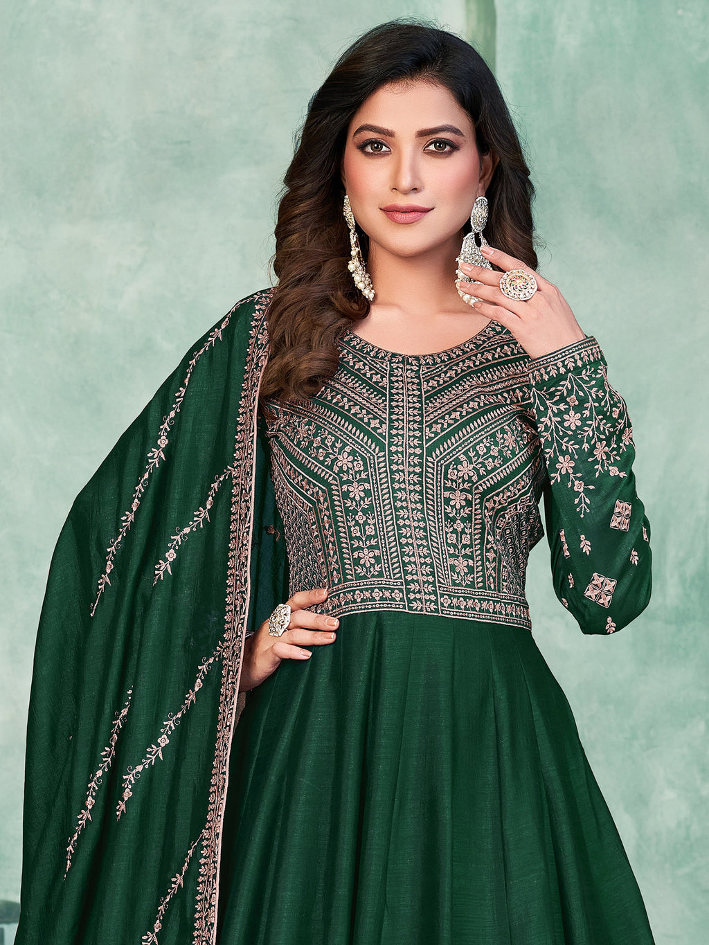 Green Silk Gown with Thread Work for Weddings and Receptions