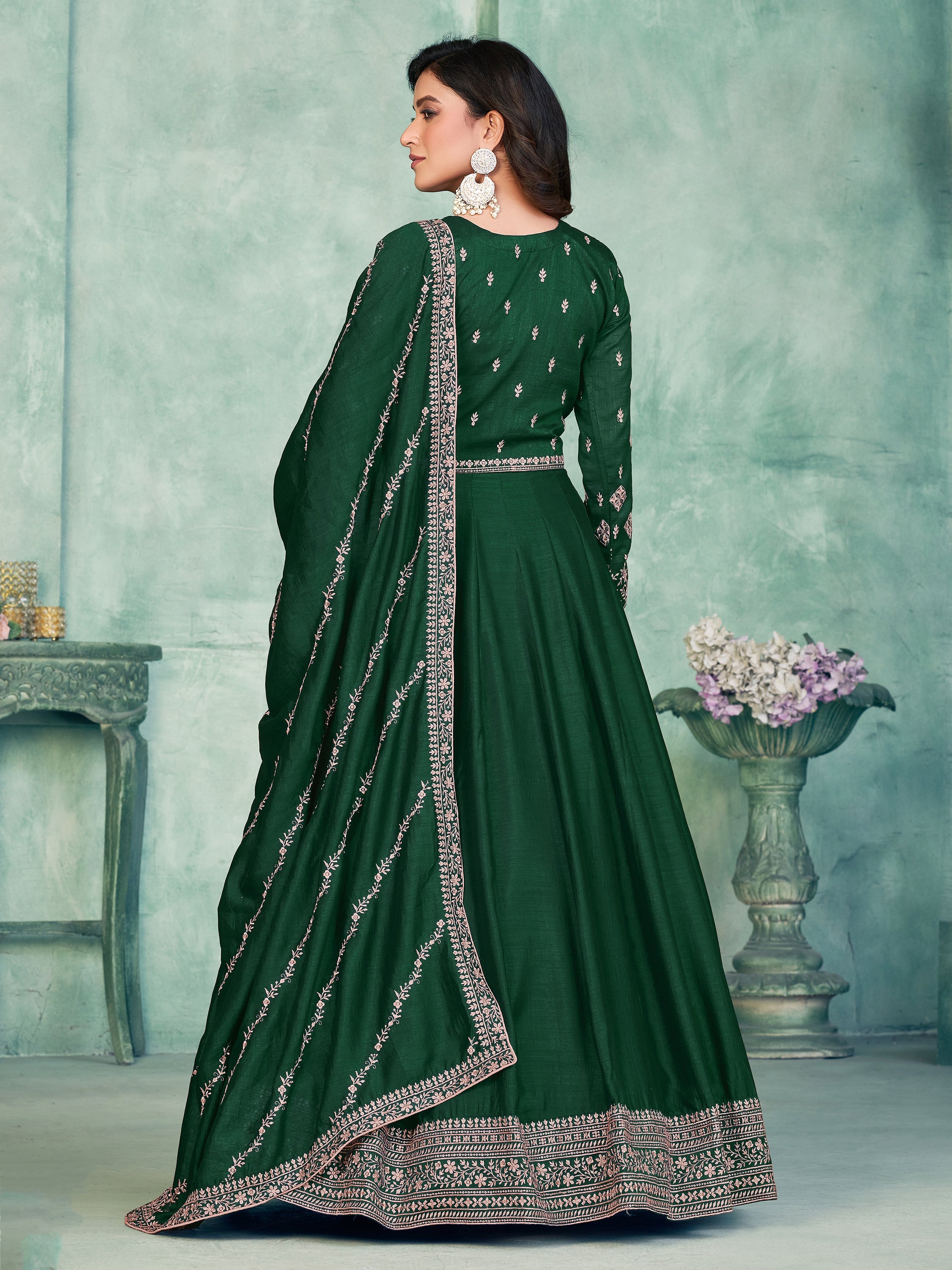Green Silk Gown with Thread Work for Weddings and Receptions