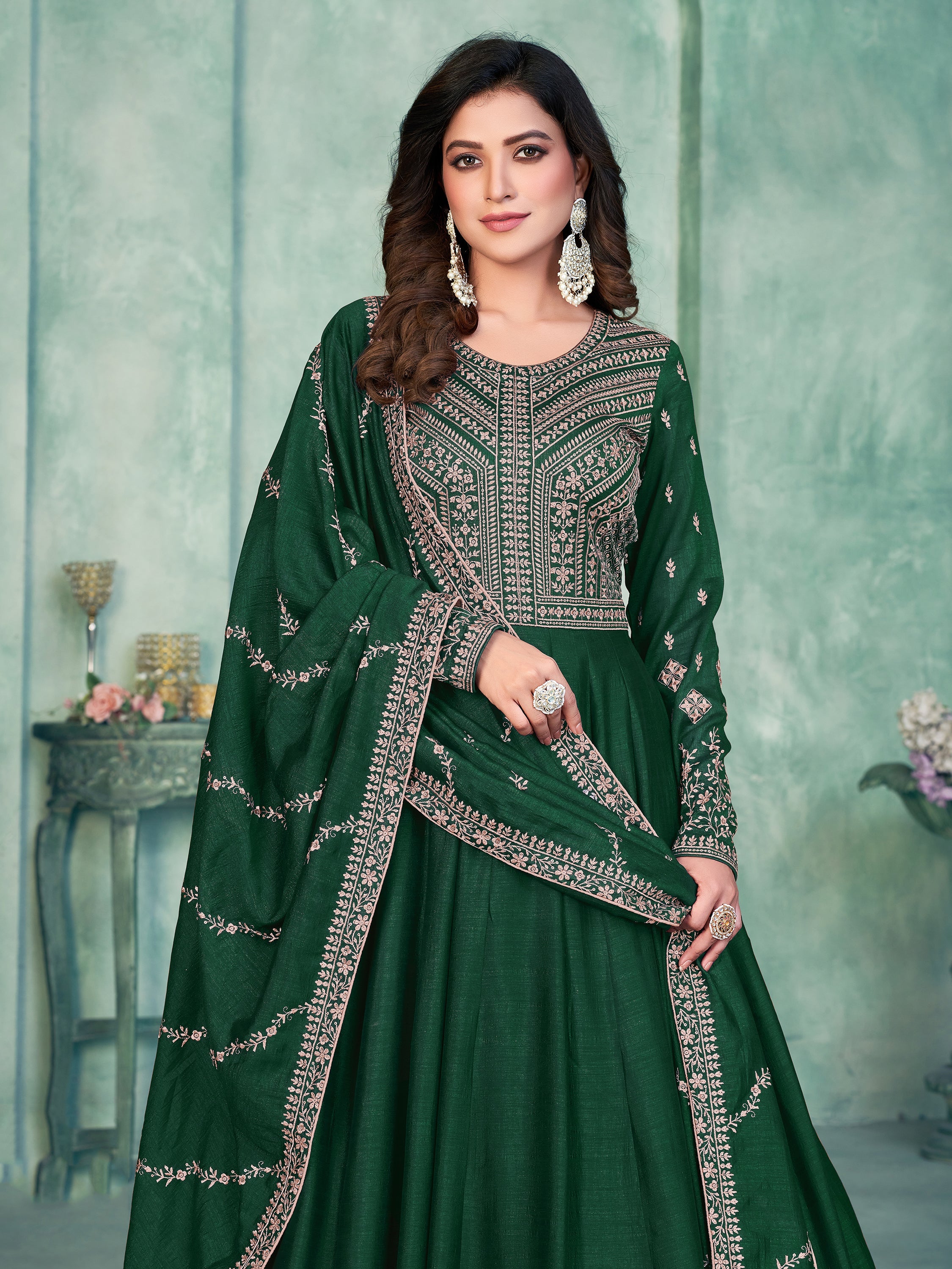 Green Silk Gown with Thread Work for Weddings and Receptions