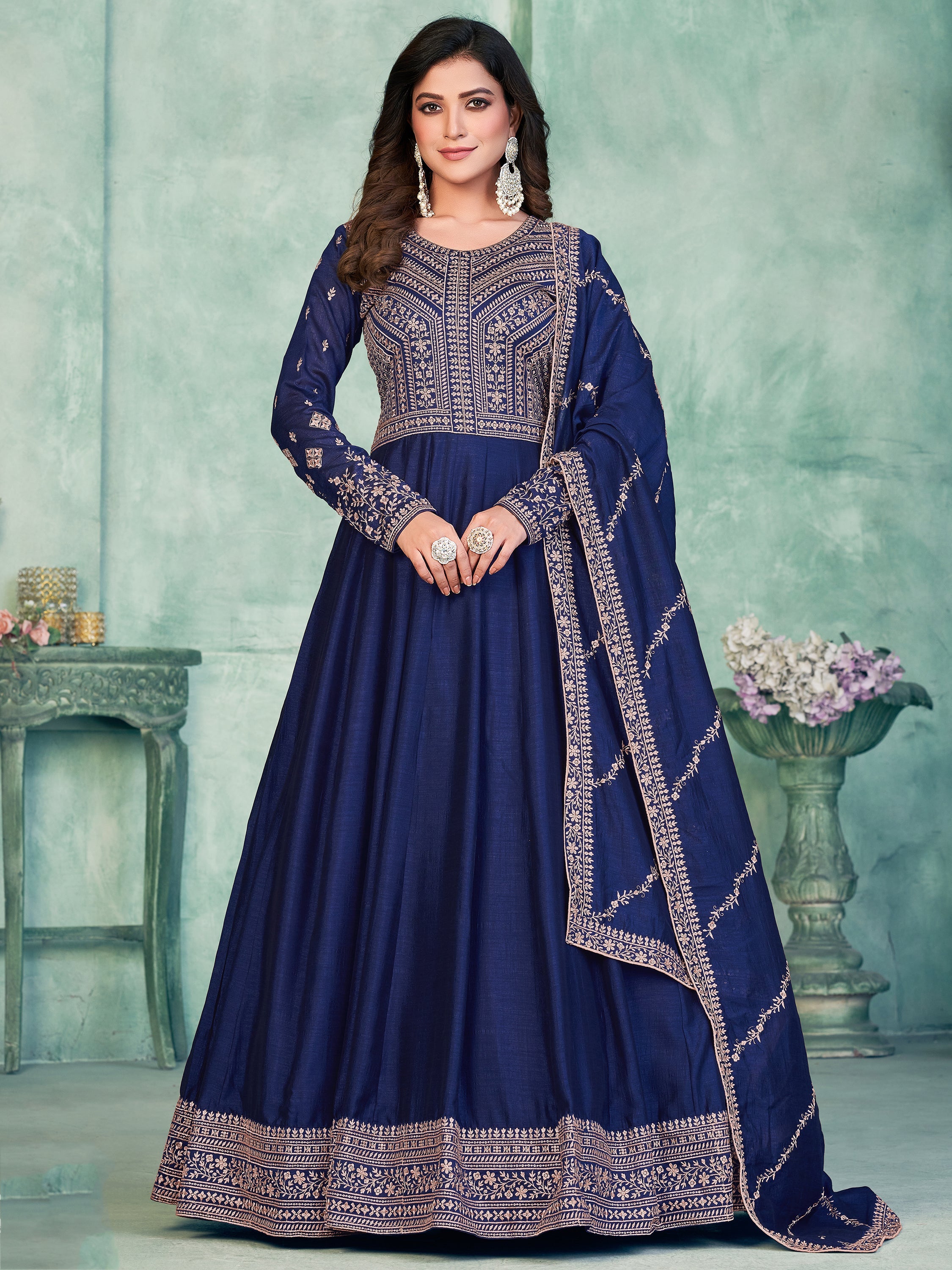 Navy Silk Gown with Thread Work for Weddings and Receptions