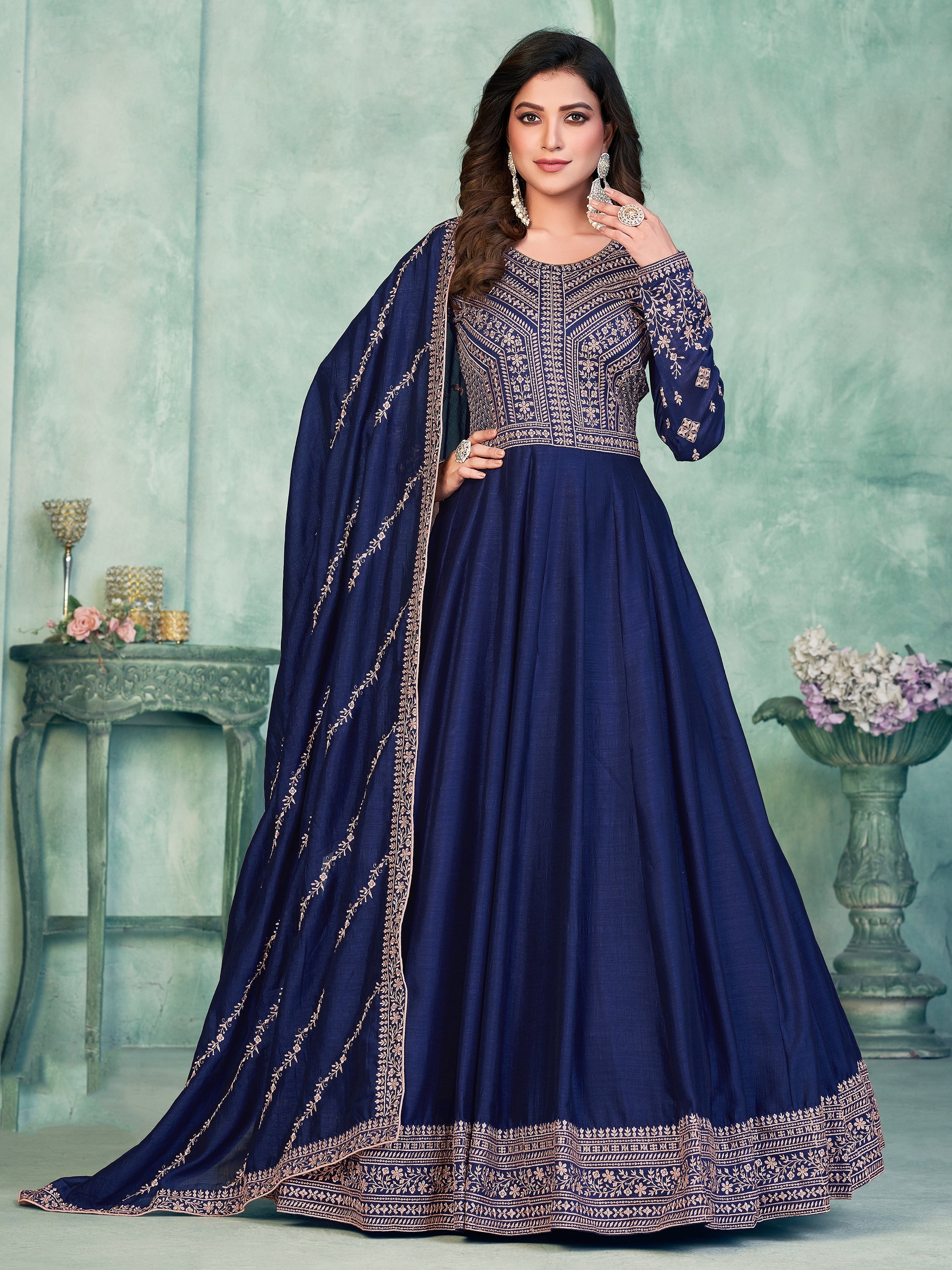 Navy Silk Gown with Thread Work for Weddings and Receptions