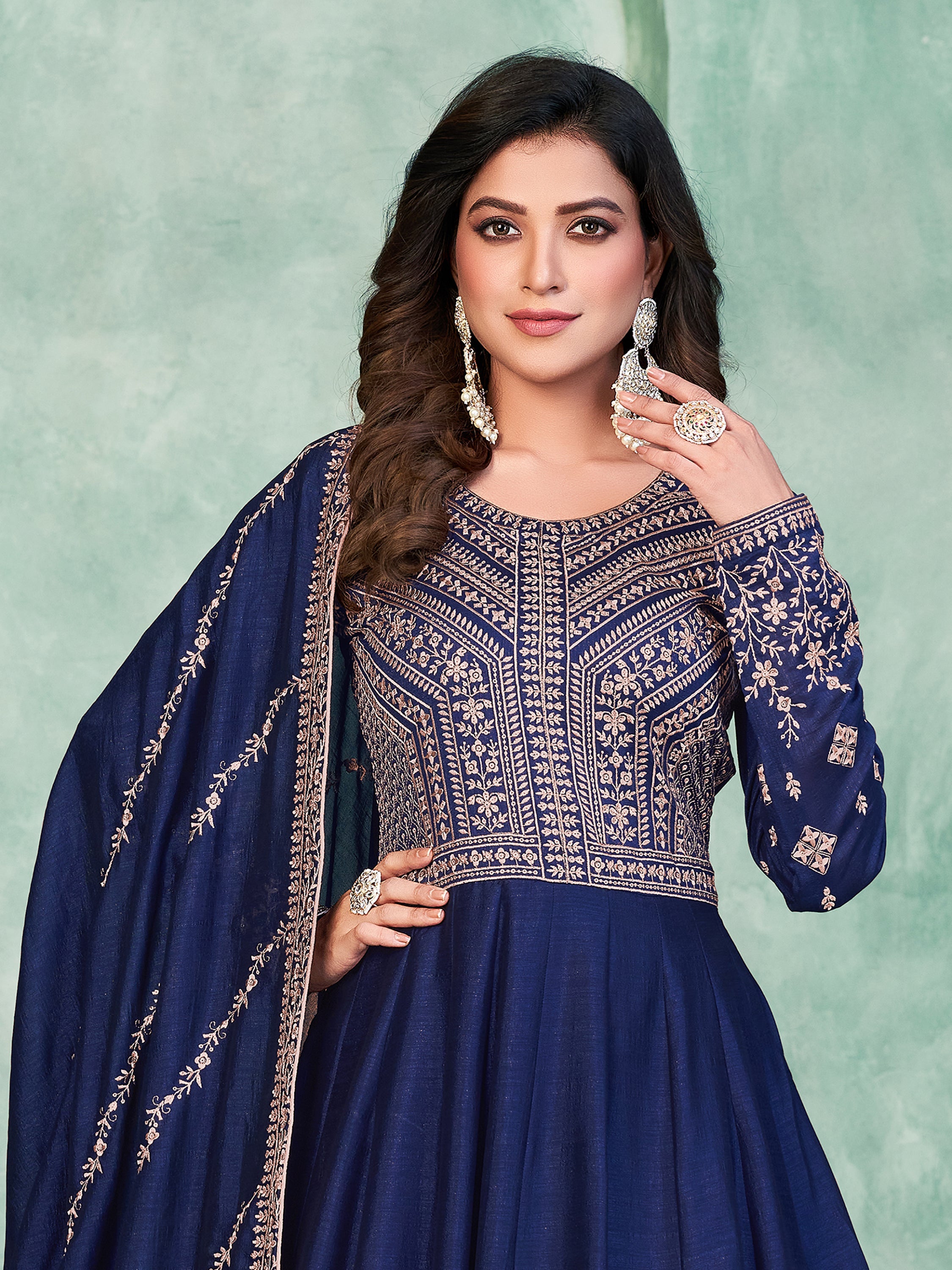 Navy Silk Gown with Thread Work for Weddings and Receptions