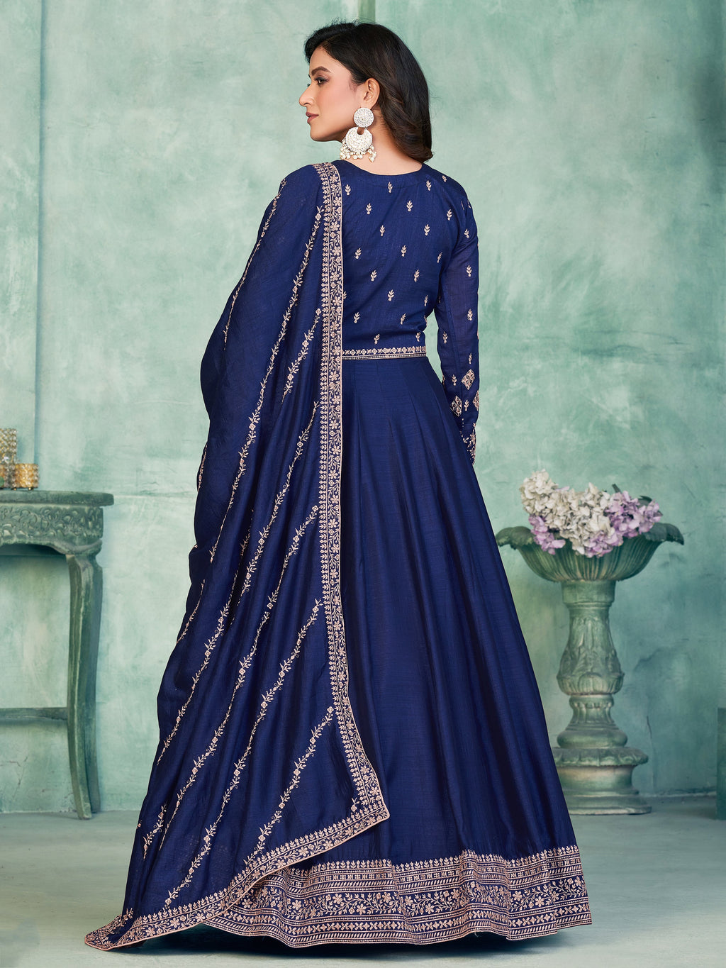 Navy Silk Gown with Thread Work for Weddings and Receptions