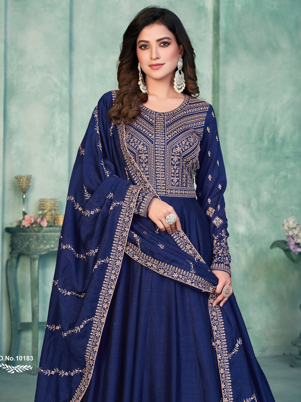 Navy Silk Gown with Thread Work for Weddings and Receptions