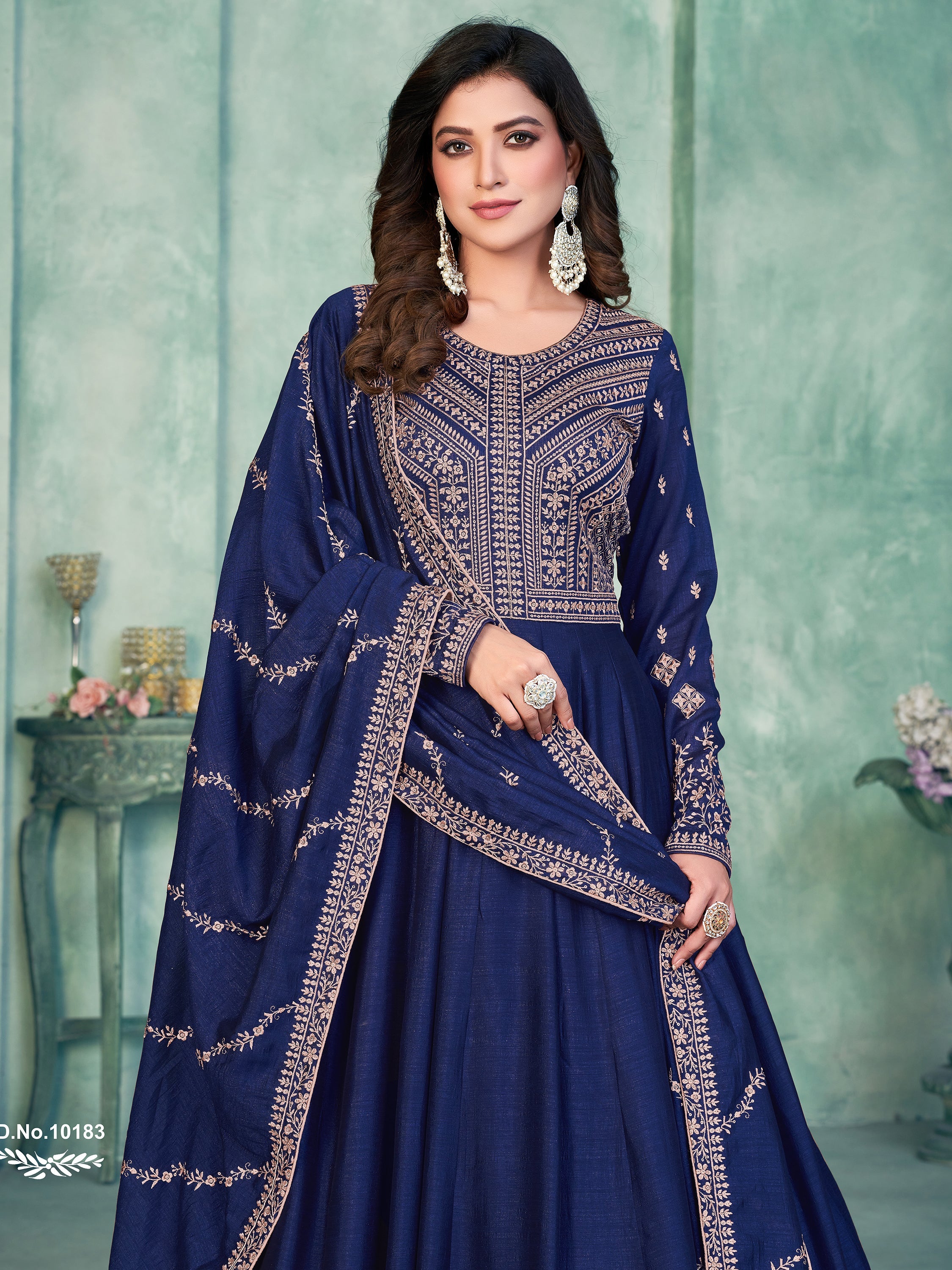 Navy Silk Gown with Thread Work for Weddings and Receptions