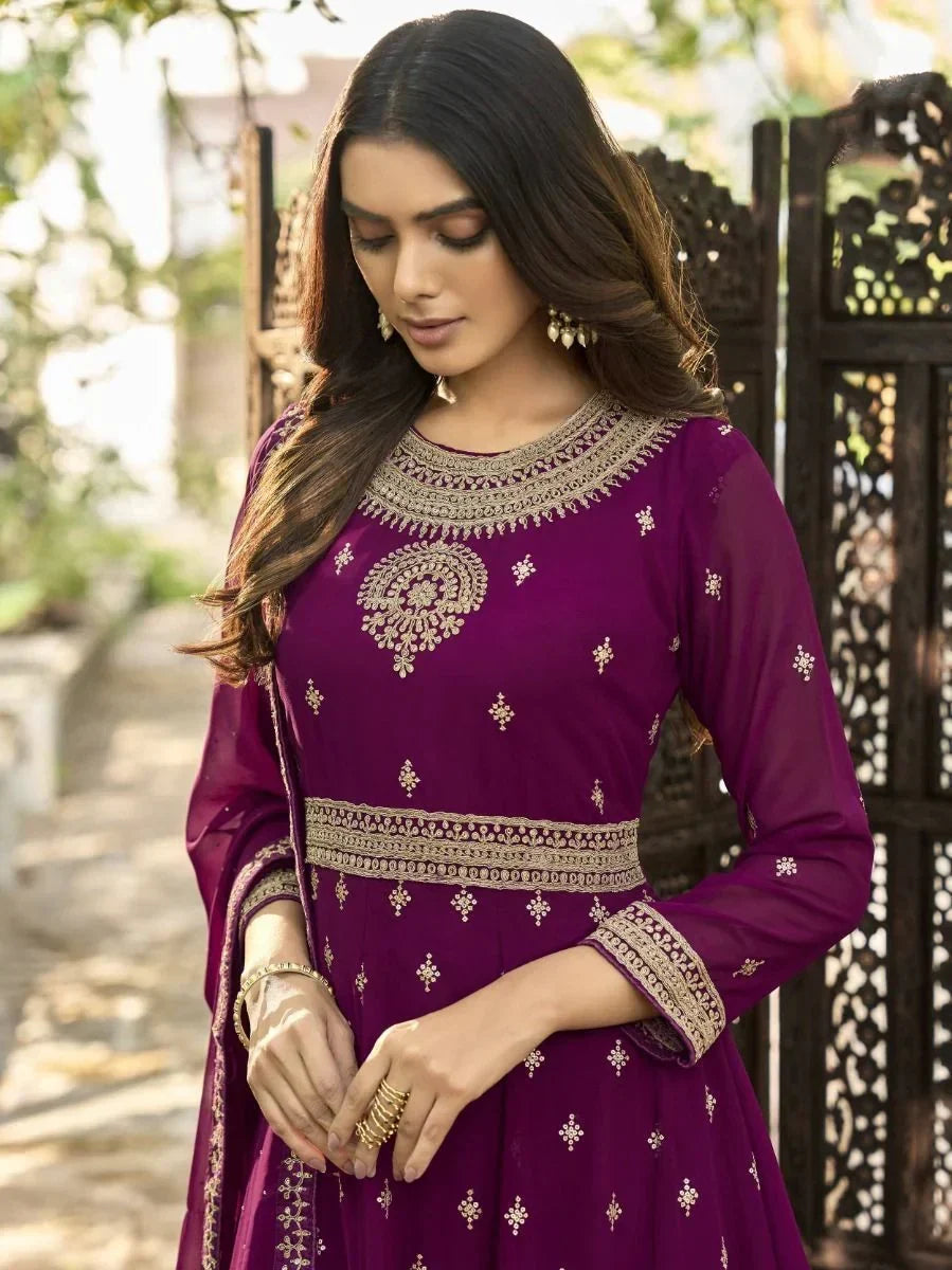 Pretty Magenta Dori Embroidered Georgette Festive Wear Salwar Suit