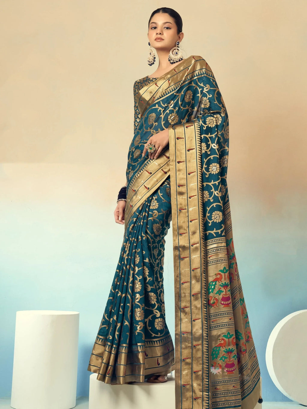 Incredible Teal Green Georgette Zari Weaving Festive Wear Saree With Blouse
