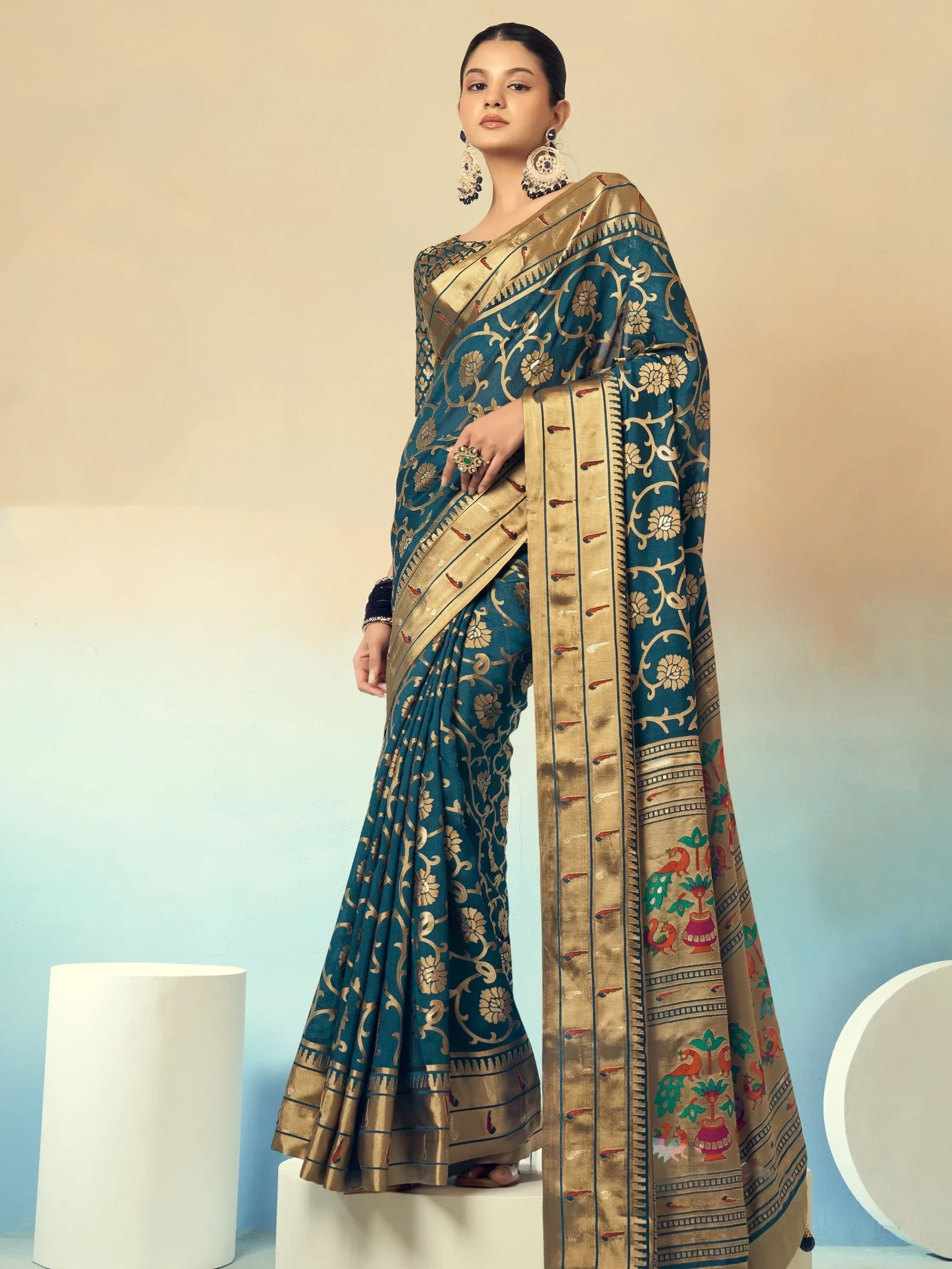 Incredible Teal Green Georgette Zari Weaving Festive Wear Saree With Blouse