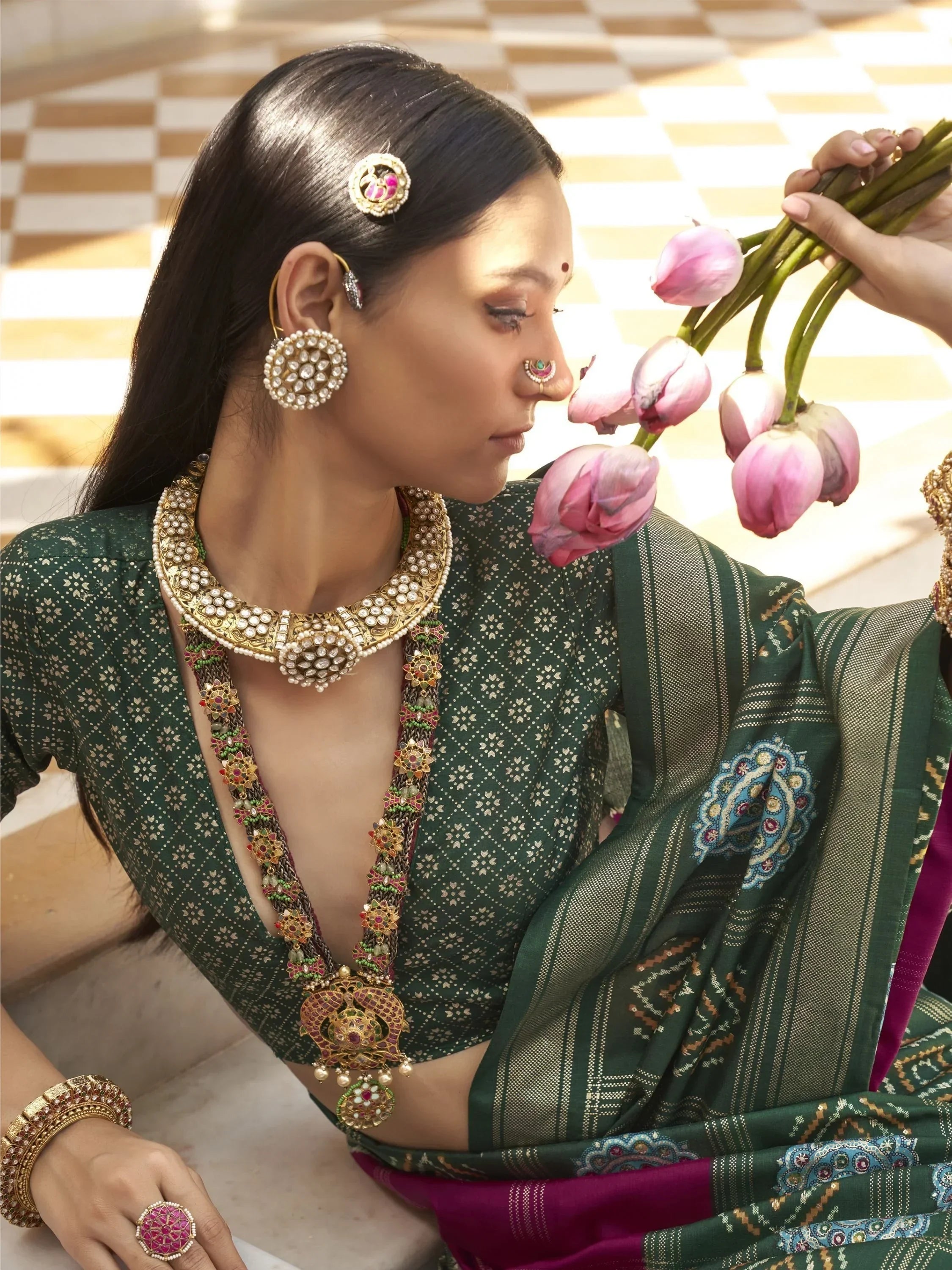Attractive Purple And Green Silk Patola Festival Wear Saree With Blouse