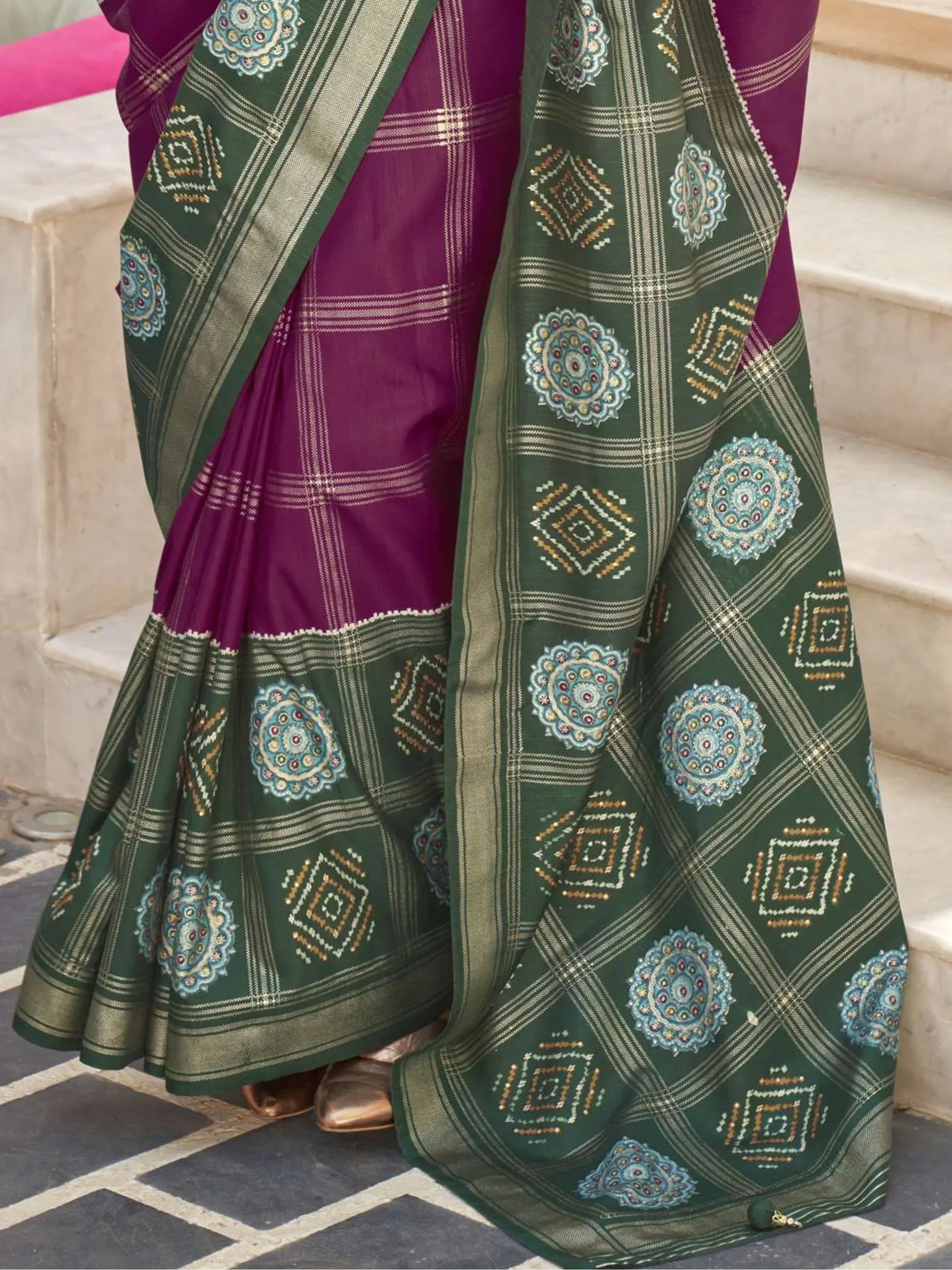 Attractive Purple And Green Silk Patola Festival Wear Saree With Blouse
