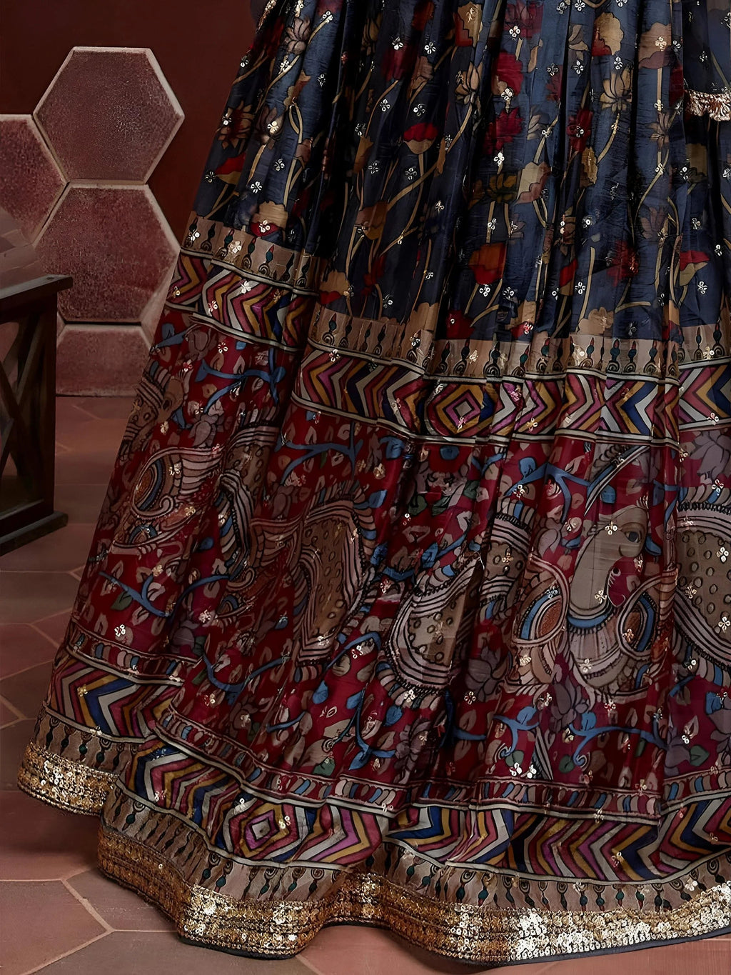 Attractive Blue Printed Silk Engagement Wear Plus Size Lehenga Choli
