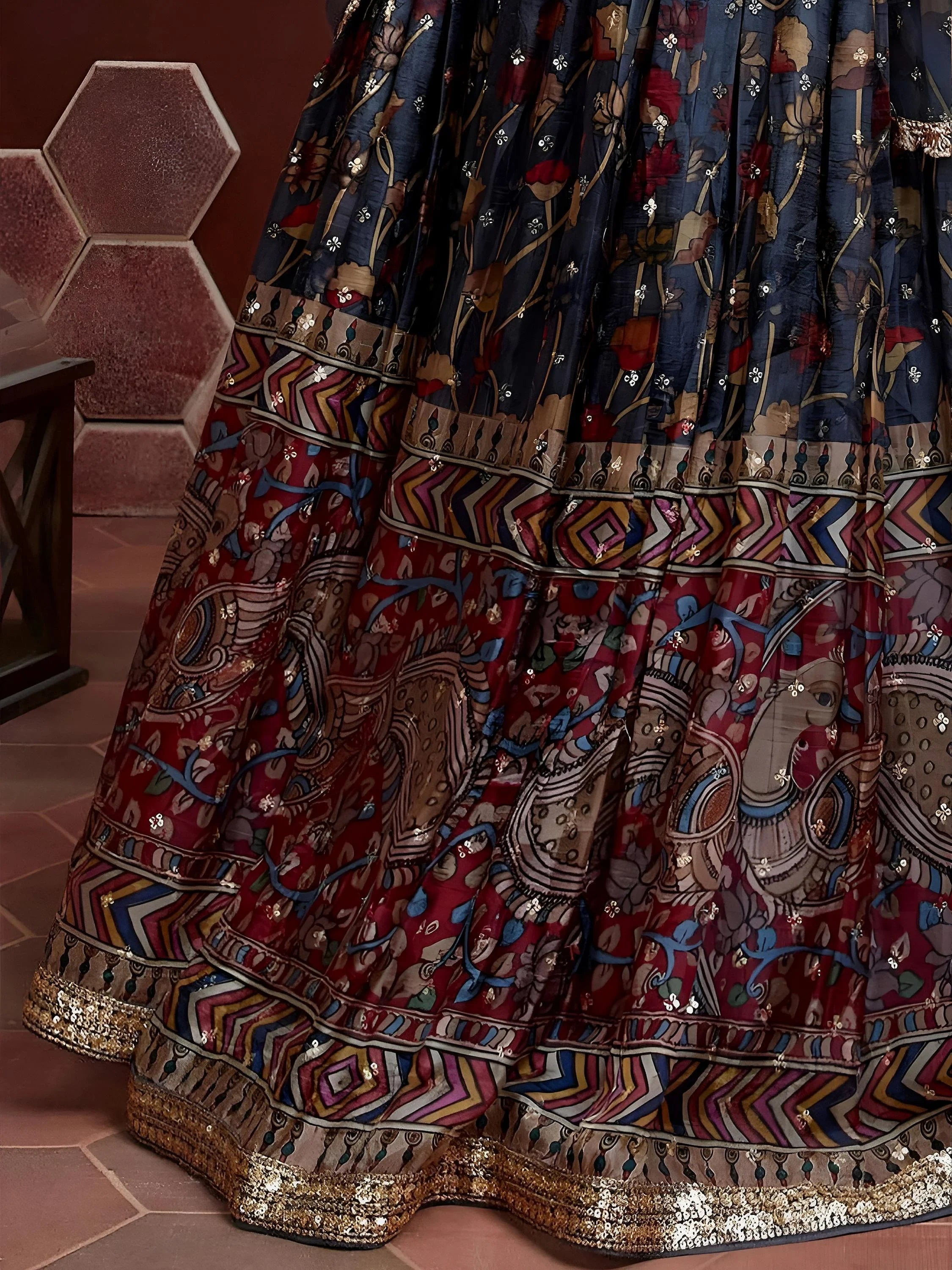 Attractive Blue Printed Silk Engagement Wear Plus Size Lehenga Choli