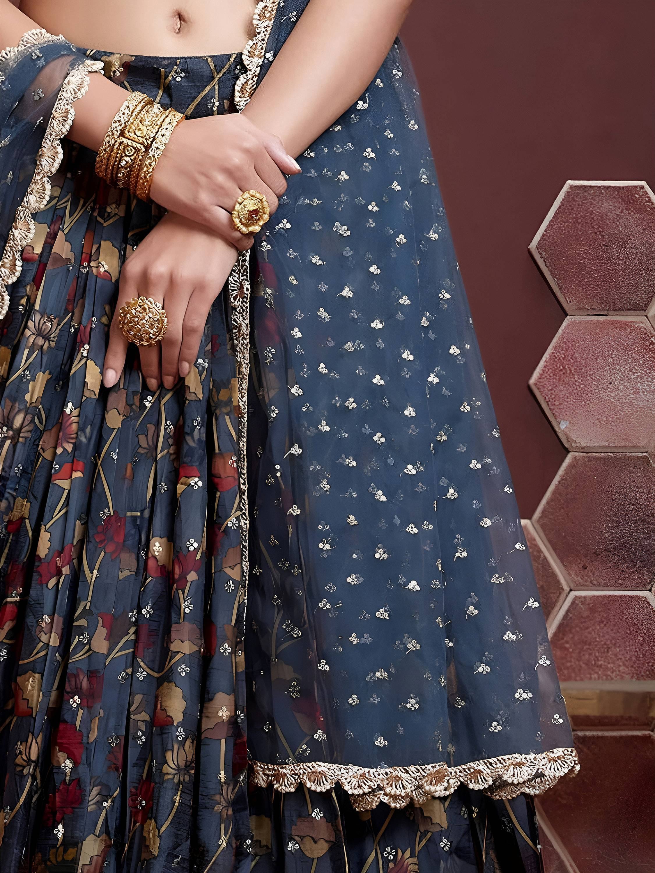 Attractive Blue Printed Silk Engagement Wear Plus Size Lehenga Choli