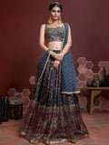 Attractive Blue Printed Silk Engagement Wear Plus Size Lehenga Choli