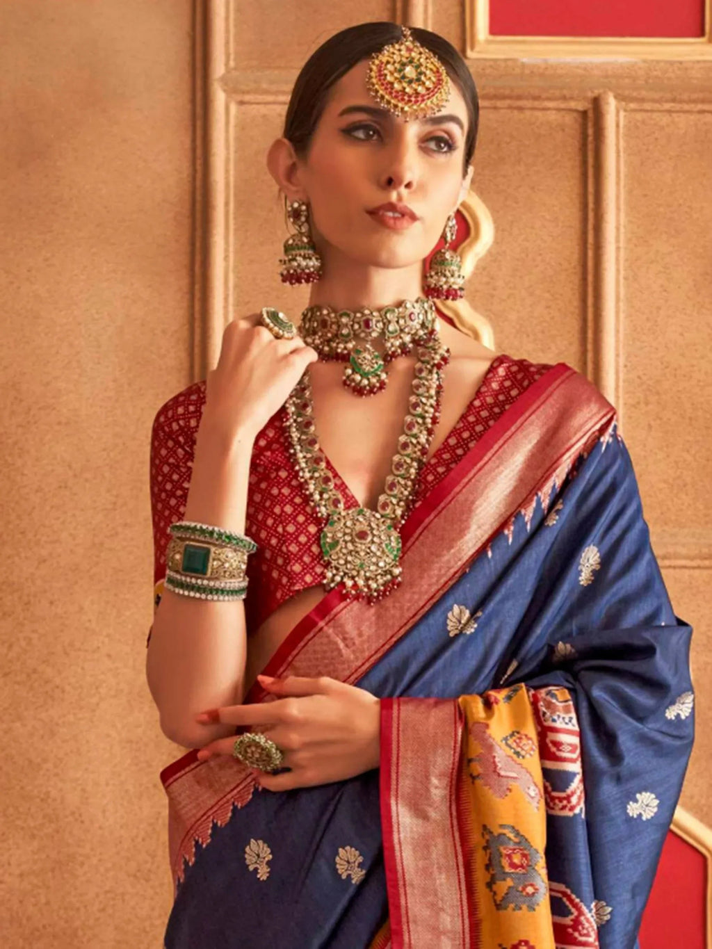 Dazzling Navy Blue Patola Printed Silk Function Wear Saree With Blouse