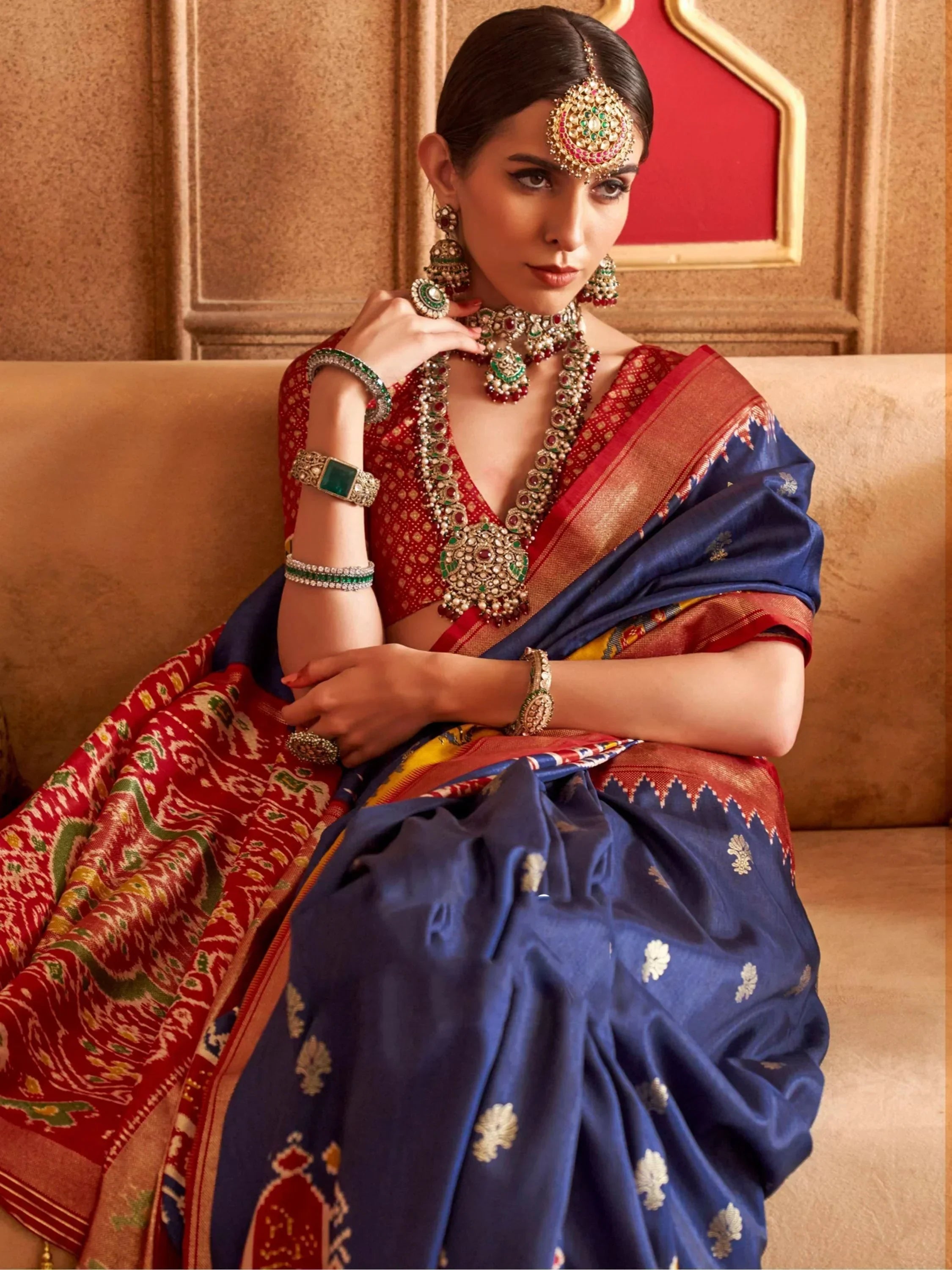 Dazzling Navy Blue Patola Printed Silk Function Wear Saree With Blouse