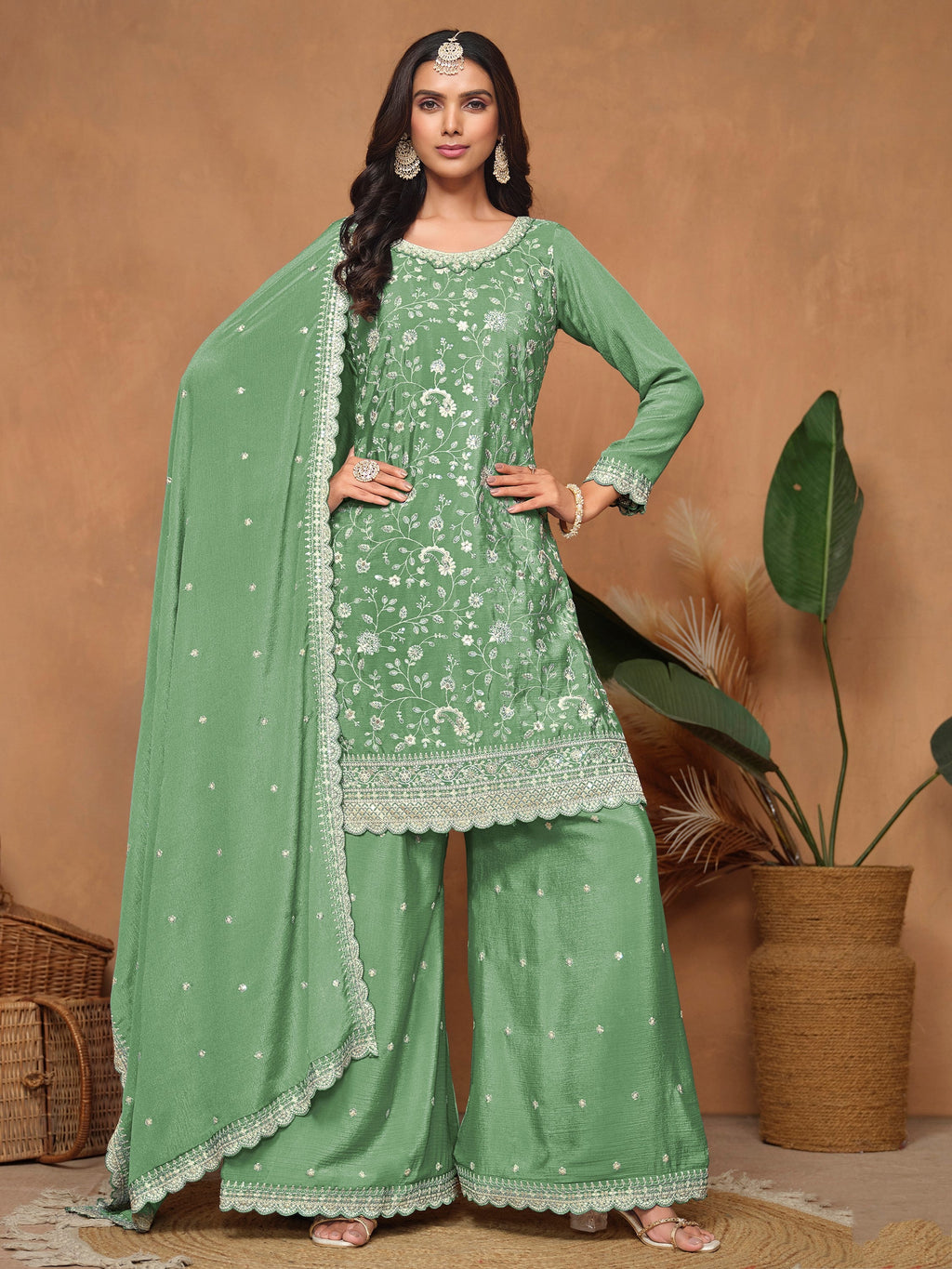 Green Chinon Salwar Suit with Sequins Design for Engagement Evening and Party