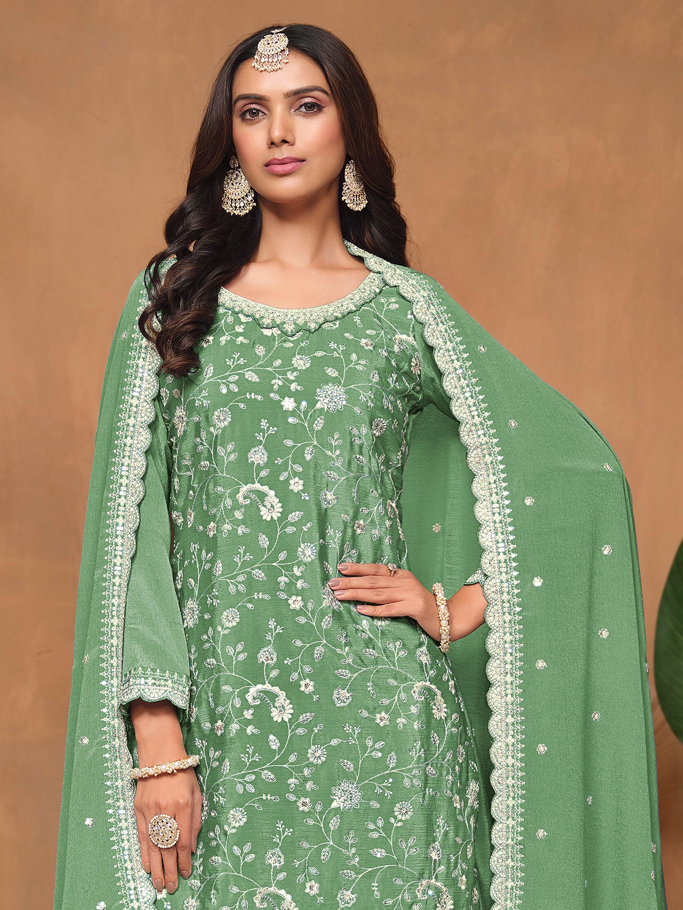 Green Chinon Salwar Suit with Sequins Design for Engagement Evening and Party