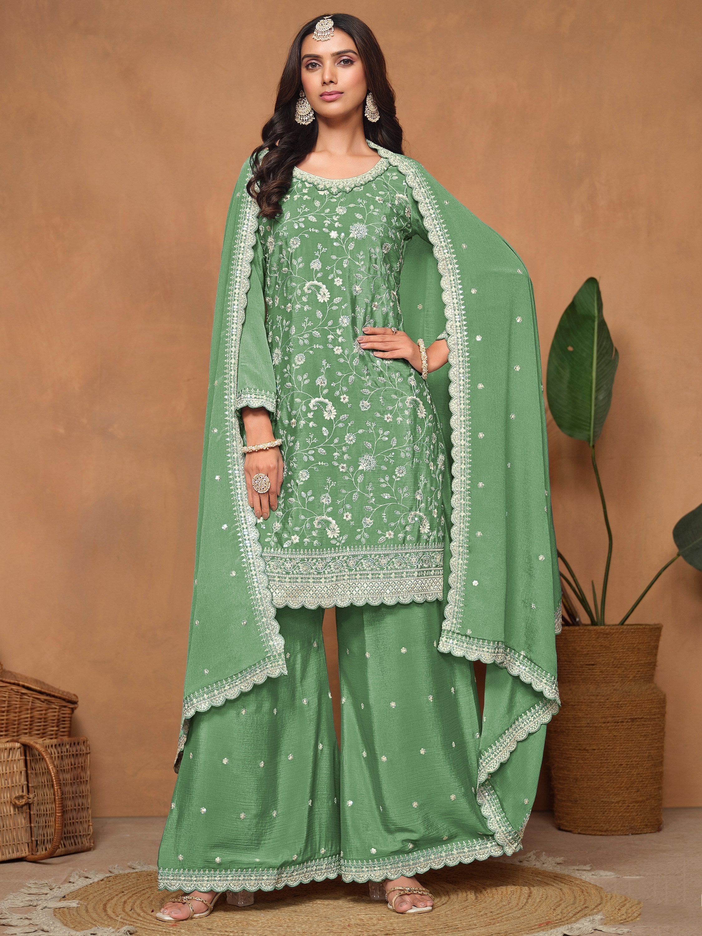 Green Chinon Salwar Suit with Sequins Design for Engagement Evening and Party
