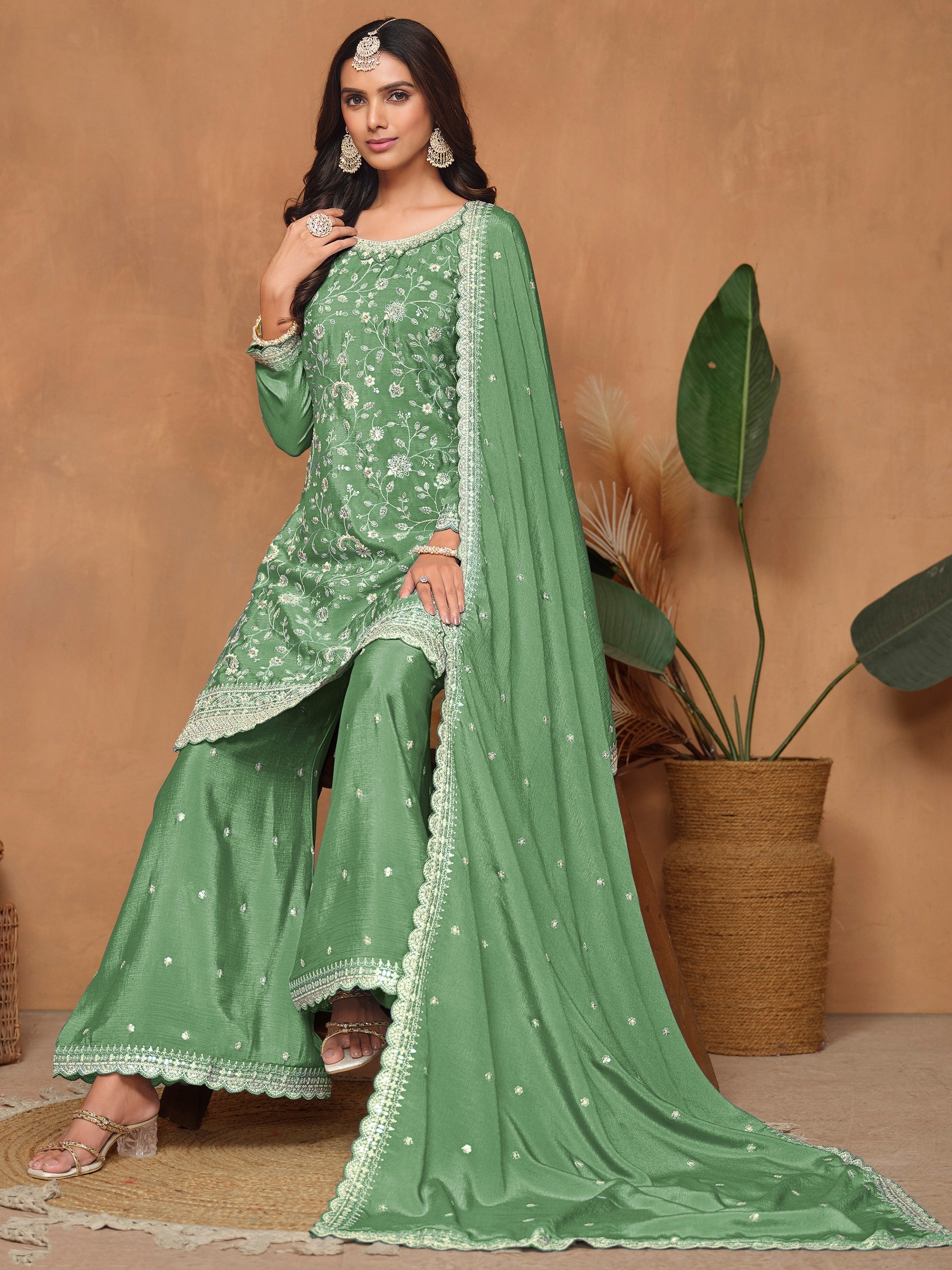 Green Chinon Salwar Suit with Sequins Design for Engagement Evening and Party