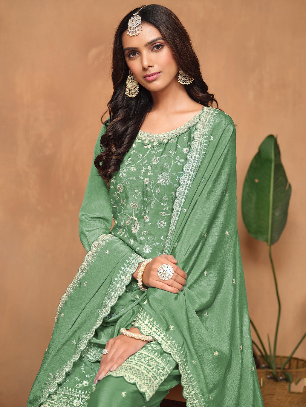 Green Chinon Salwar Suit with Sequins Design for Engagement Evening and Party