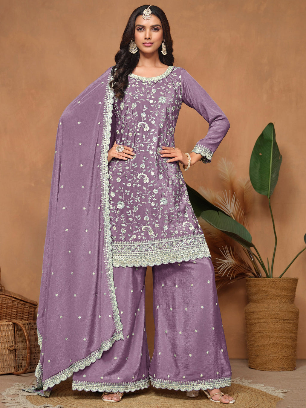 Lavender Chinon Salwar Suit with Sequins Design for Engagement Evening and Party
