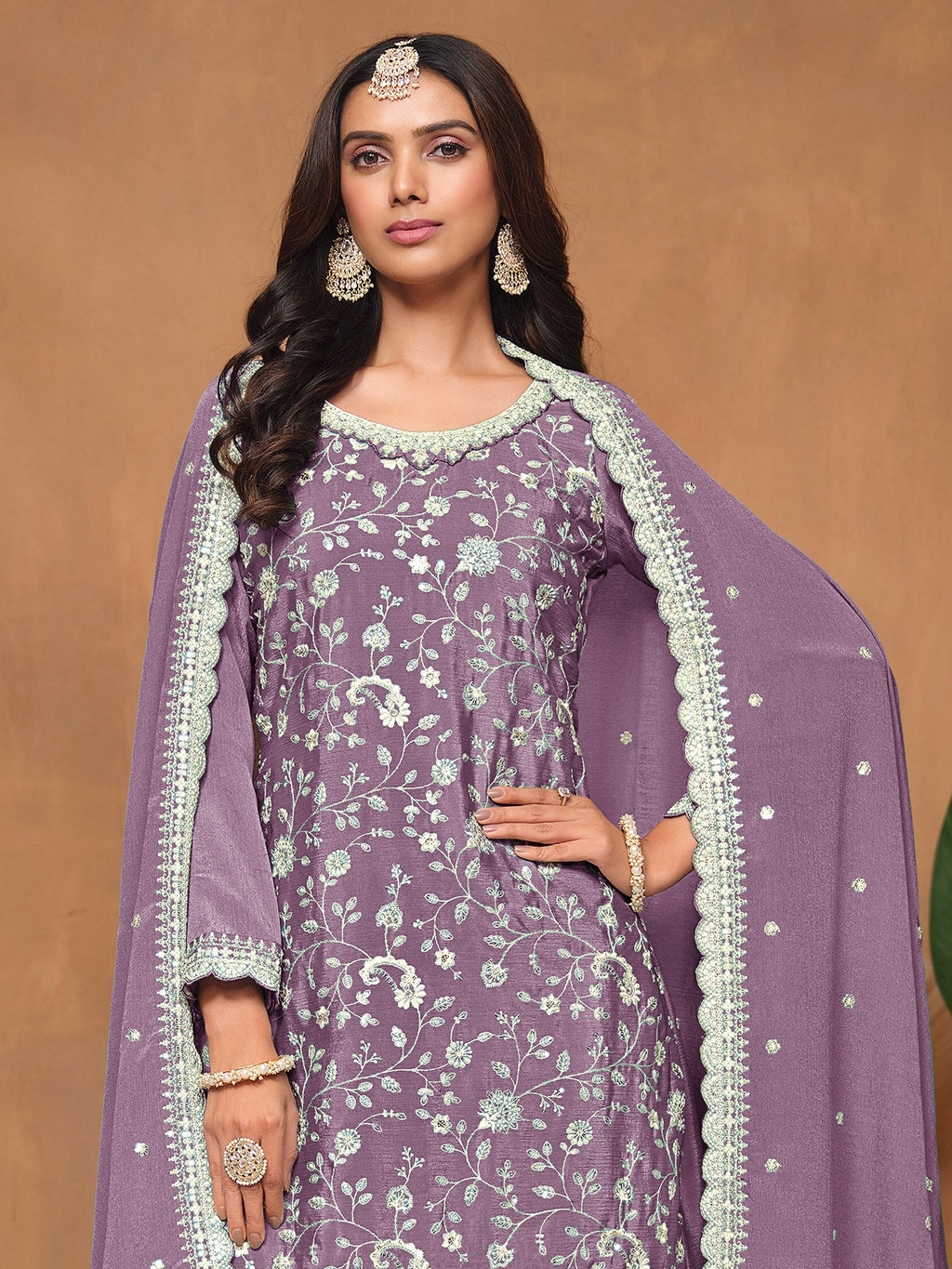 Lavender Chinon Salwar Suit with Sequins Design for Engagement Evening and Party
