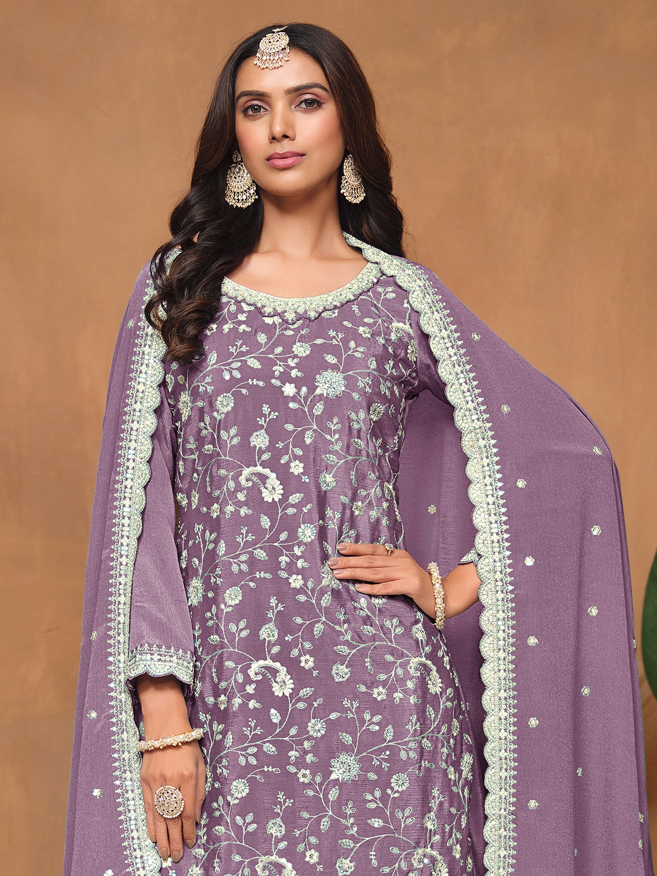 Lavender Chinon Salwar Suit with Sequins Design for Engagement Evening and Party